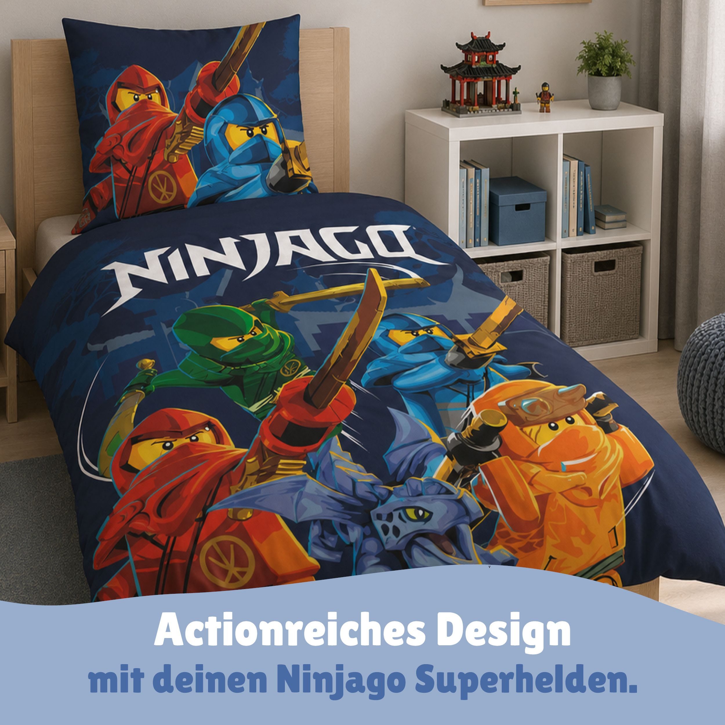Familando Kinderbettwäsche Lego Ninjago Blau mit Lloyd Jay Kai uvm. aus 100% Baumwolle, Renforcé, 2 teilig, 135x200 80x80cm mit Reißverschluss; Wendebettwäsche