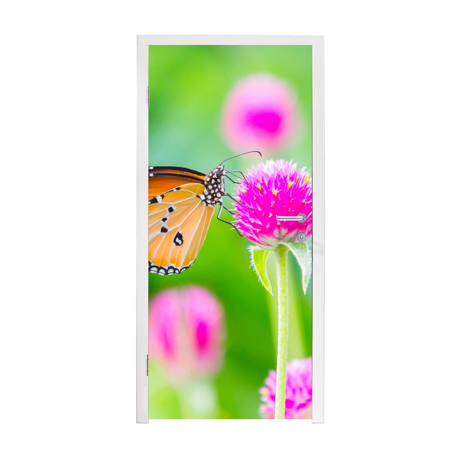 Tür, für Blume, - Türtapete Distel bedruckt, Türaufkleber, - Fototapete Matt, St), 75x205 MuchoWow Schmetterling - cm (1 Landleben