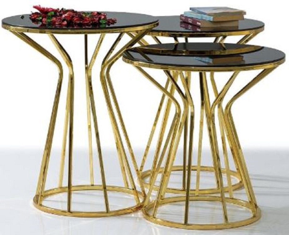 Gold Casa Designer Kollektion Beistelltisch Luxus Beistelltisch Glasplatte - Grau / 3 Möbel mit - Padrino Set Metall - Tische