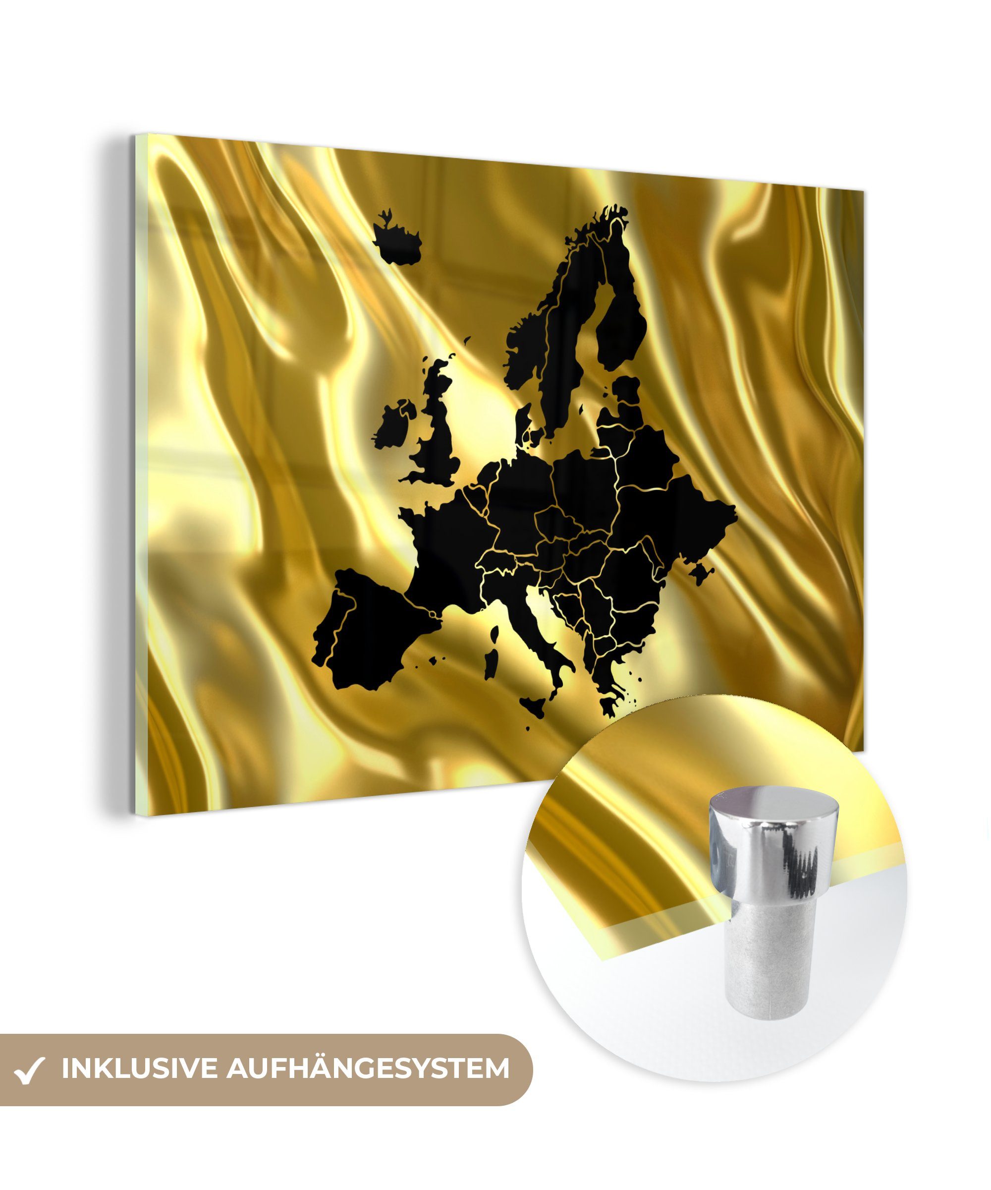 MuchoWow Acrylglasbild Karte von Europa - Schwarz und Gold, (1 St), Acrylglasbilder Wohnzimmer & Schlafzimmer