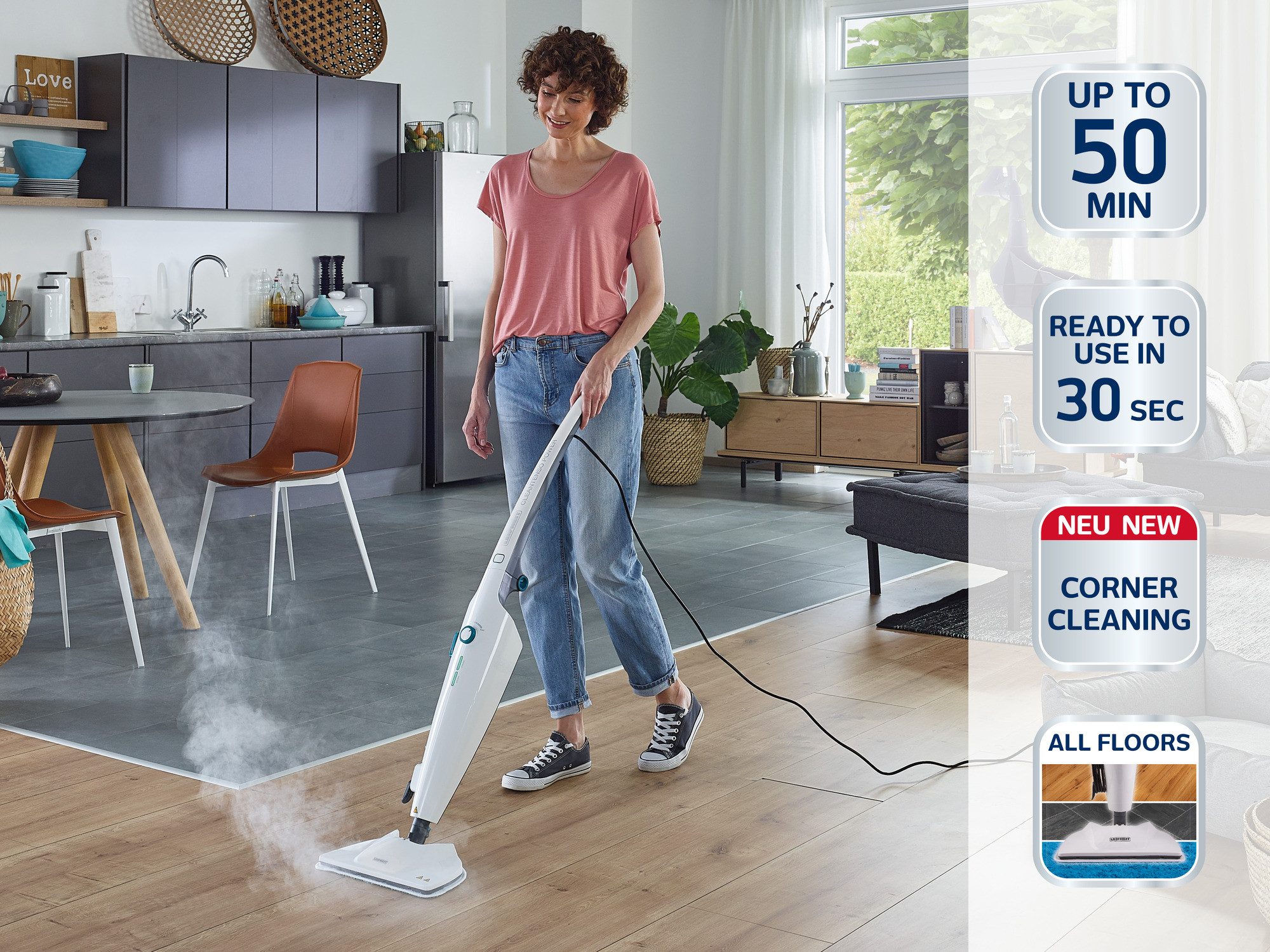 Leifheit Dampfreiniger Dampfreiniger CleanTenso Power, 1300 W, 6 Power-Steam-Düsen, bis zu 50 Minuten Nutzung, Mikrofaser Wischpad