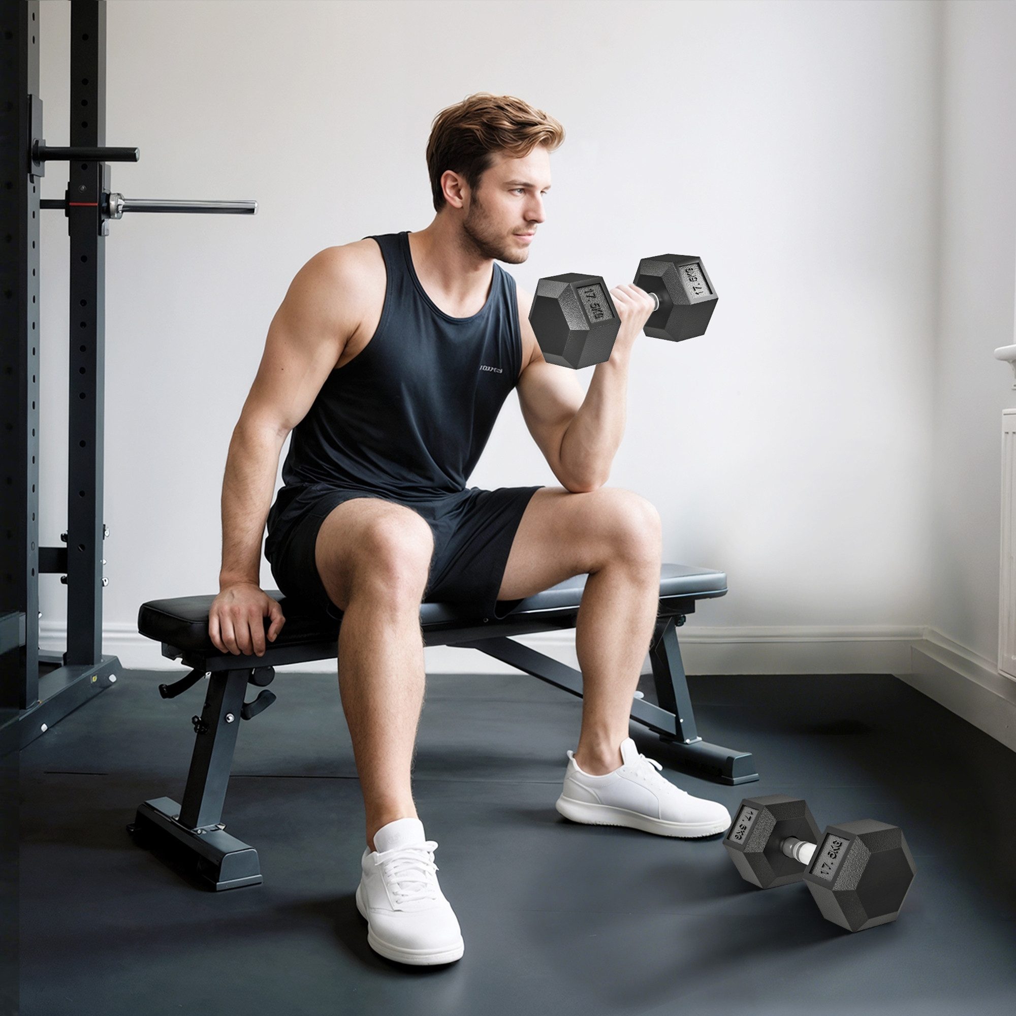 HOMCOM Hantel-Set Hexagon Hanteln, 2er Set Hanteln mit gerändeltem Griff, 2 x 17,5 kg, (Kurzhantel aus Gusseisen, Kurzhanteln für Männer und Fraue), für Zuhause, Fitnessstudio, Krafttraining