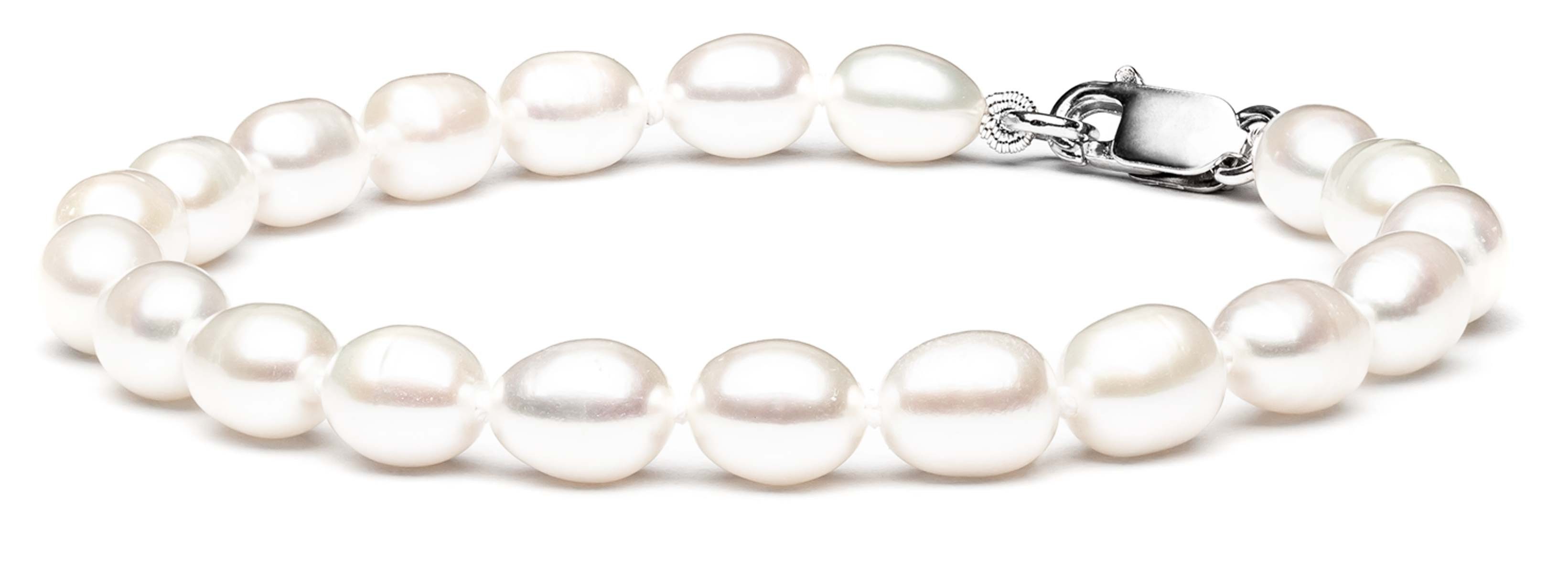 Gaura Pearls Perlenarmband klassisch weiß oval 6-6.5 mm, echte Süßwasserzuchtperle, 925er Sterlingsilber, rhodiniert