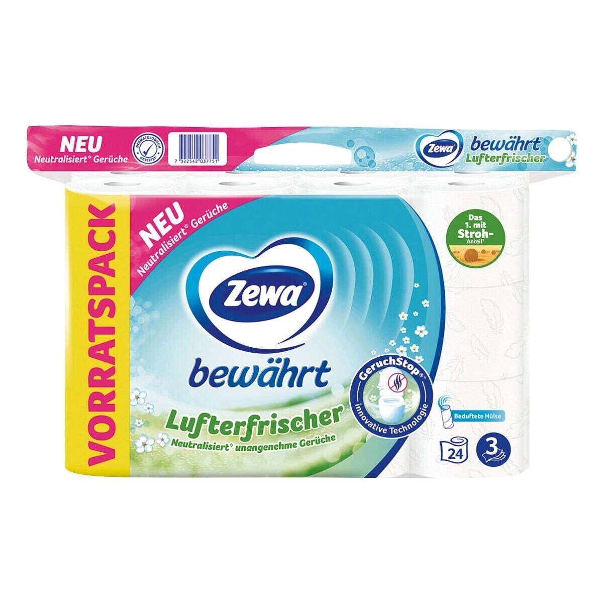 ZEWA Toilettenpapier Lufterfrischer, 3-lagig, 24 Rollen, Papier mit Strohanteil, 150 Blatt/Rolle