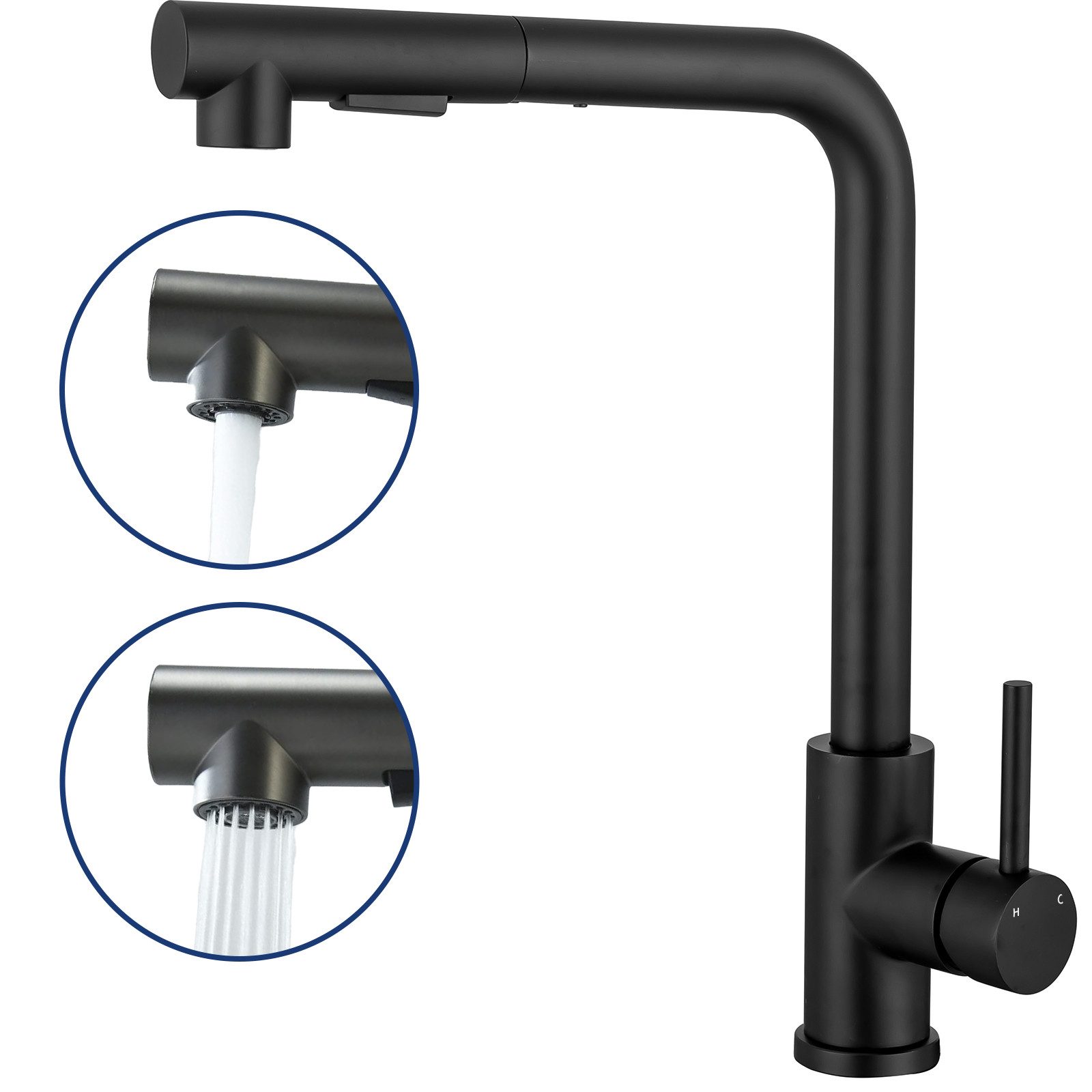 AICA Küchenarmatur Wasserhahn Küche mit Einhand, ausziehbarer Brause für 2 Strahlarten Spültischarmatur mit Einhand & 360° Schwenkfunktion als Hochdruckhahn
