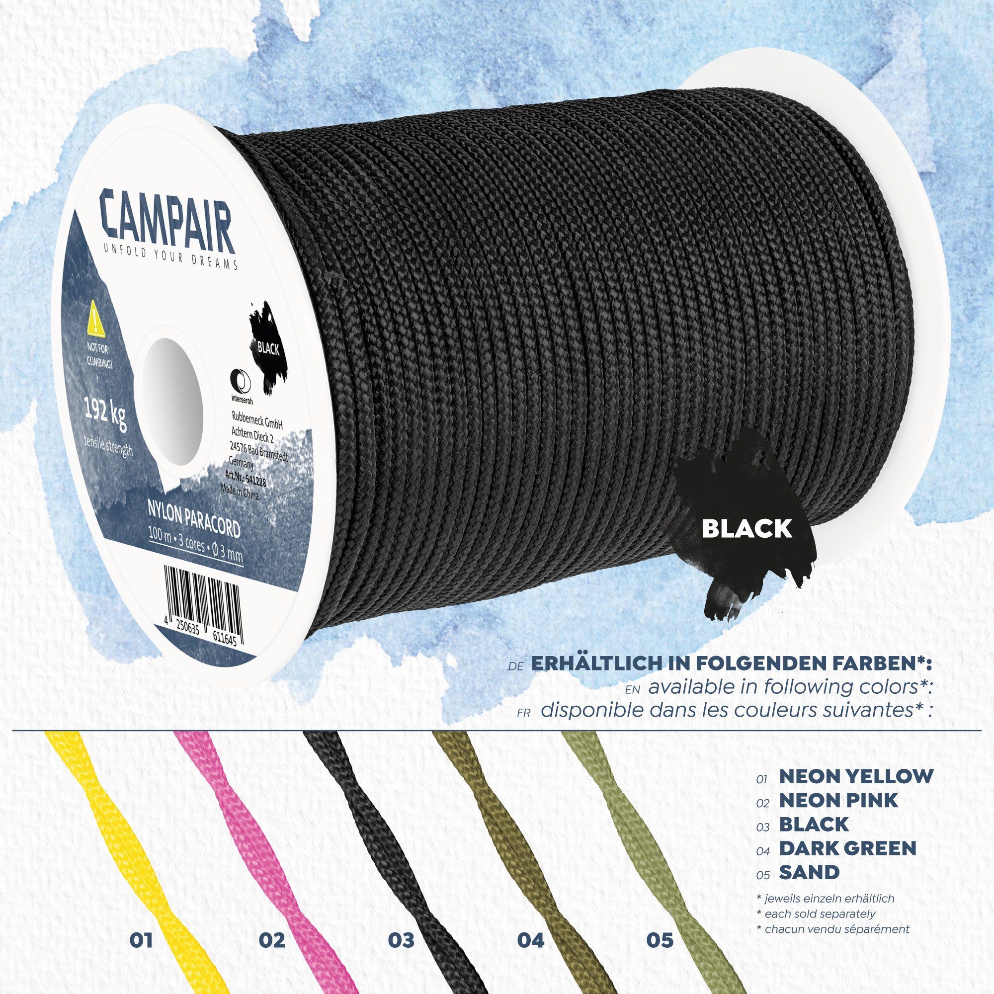 kg schwarz 100m 425 3mm 192 Max. Abspannleine aus CAMPAIR Paracord Type Nylon II reißfestem Seil