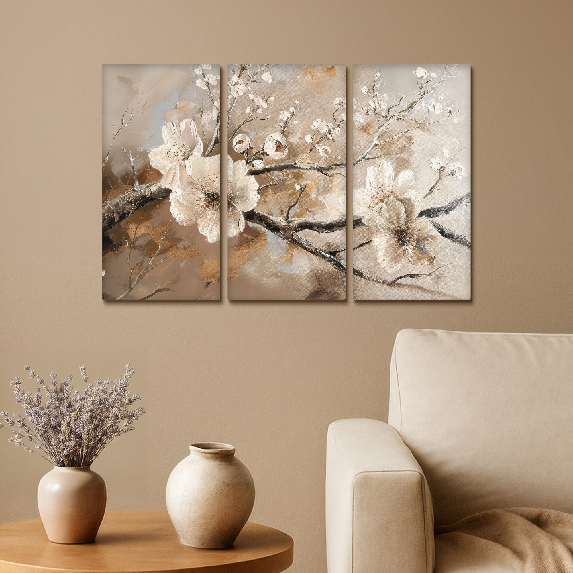 MuchoWow Leinwandbild Blüte - Beige - Abstrakt - Blumen, Fotodruck (3 St), Wand Bilder 3 Set, Deko Schlafzimmer Wohnzimmer Flur 60x40 cm – Bild 2 von 5