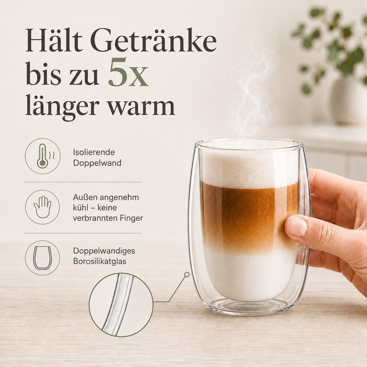 LAPRESO Latte-Macchiato-Glas Doppelwandig Thermogläser Kaffeegläser Set 350 ml, 6-tlg., Borosilikatglas, 6er Set