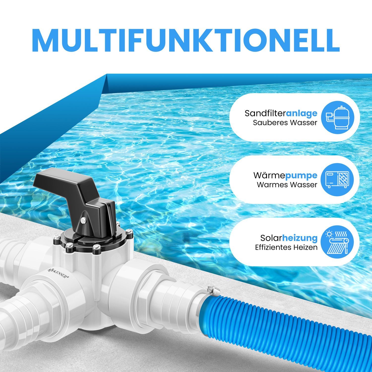 KESSER Poolschlauch mit 6x Edelstahl-Schlauchschellen & 8m Teflon-Dichtband, (12-teilig 3-Wege Ventil Anschluss & ABS-Adapter Ø32 & Ø38mm)