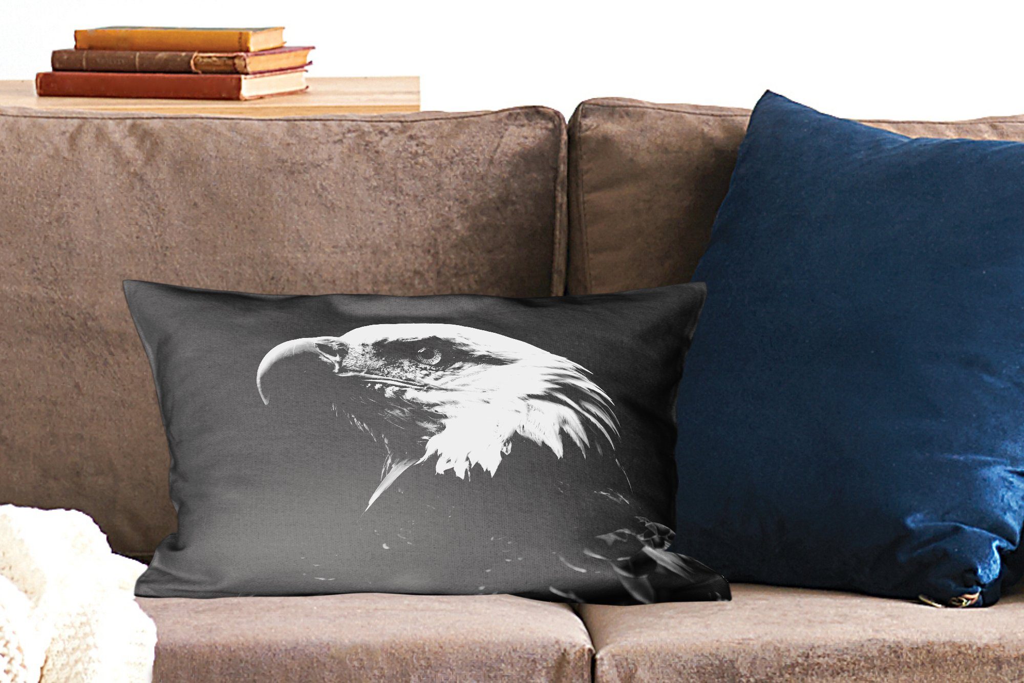 Dekoration, weiß, auf schwarz eines und Profil Schlafzimmer Dekokissen - Hintergrund Wohzimmer Adlers Zierkissen, schwarzem Füllung, Dekokissen MuchoWow mit