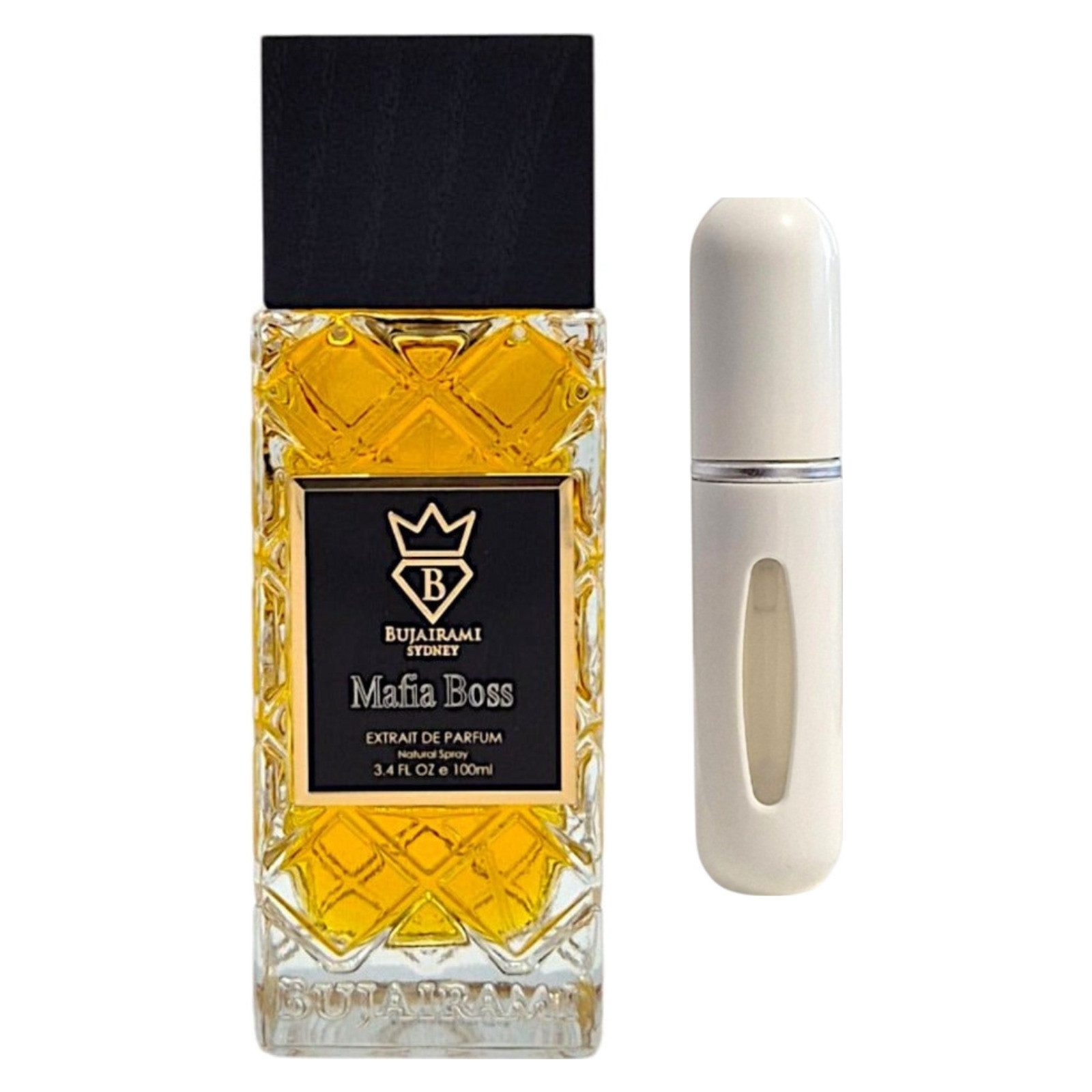 Bujairami Duft-Set Mafia Boss Extrait de Parfum – Orientalisch + Parfümzerstäuber (leer)