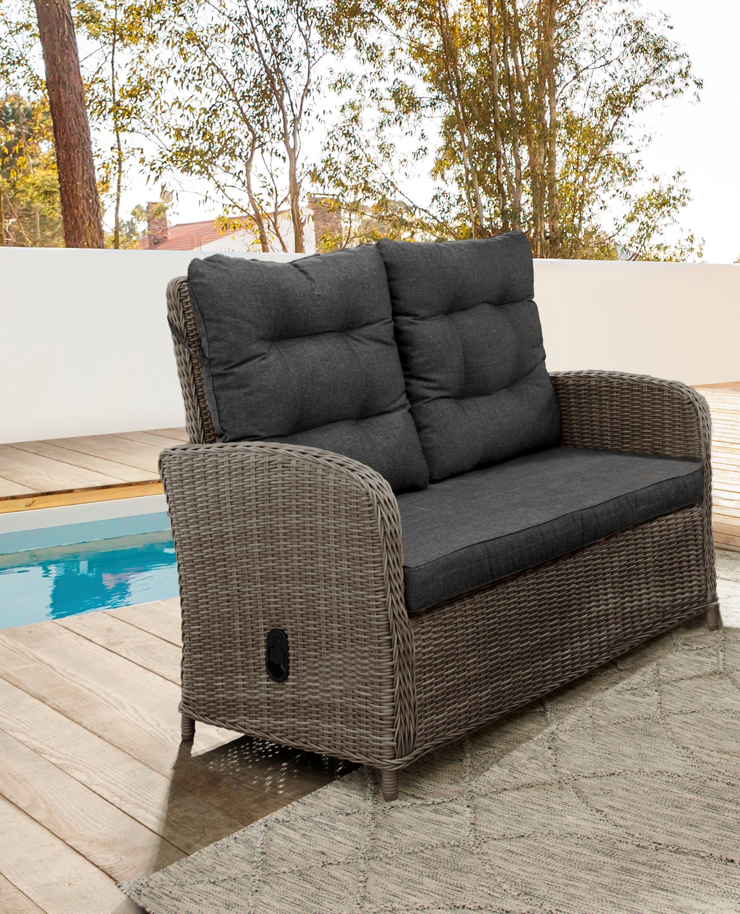 MERANO Destiny stufenlos Rückenlehne Polyrattan, Loungesofa verstellbar, grau vintage Auflagen inkl. II,