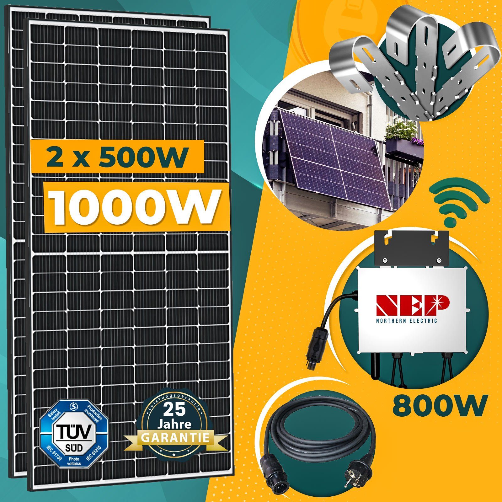 enprovesolar Solaranlage 1000W Balkonkraftwerk Komplettset inkl. 500W Solarmodule, NEP 800W WIFI Wechselrichter, 5M Schuko Stecker und Balkongeländer Rund PV-Montage