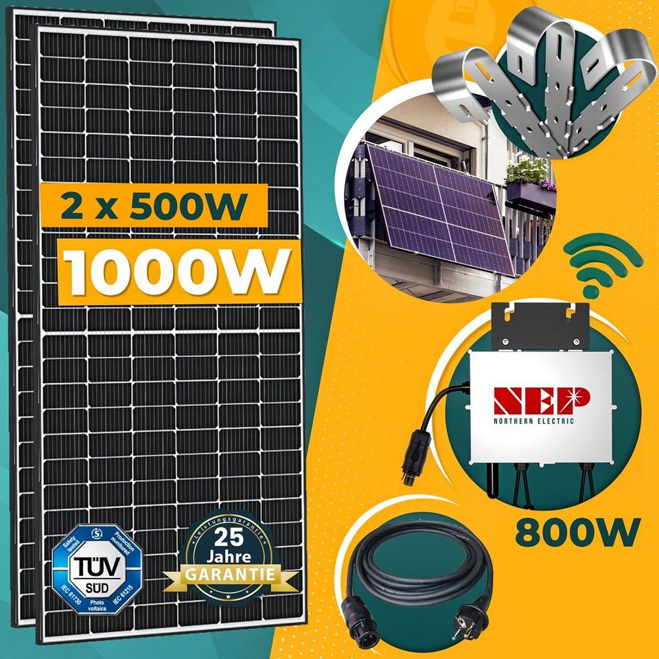 enprovesolar Solaranlage 1000W Balkonkraftwerk Komplettset inkl. 500W  Solarmodule, NEP 800W WIFI Wechselrichter, 10M Schuko Stecker und  Balkongeländer Rund PV-Montage