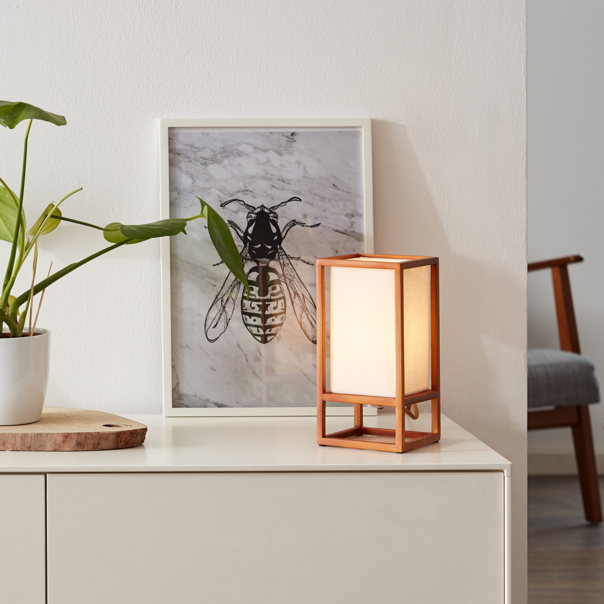Lightbox Tischleuchte, ohne Leuchtmittel, Tischlampe, 25 cm, 25 cm Höhe, E14, 40 W, Holz/Stoff, naturfarben/weiß