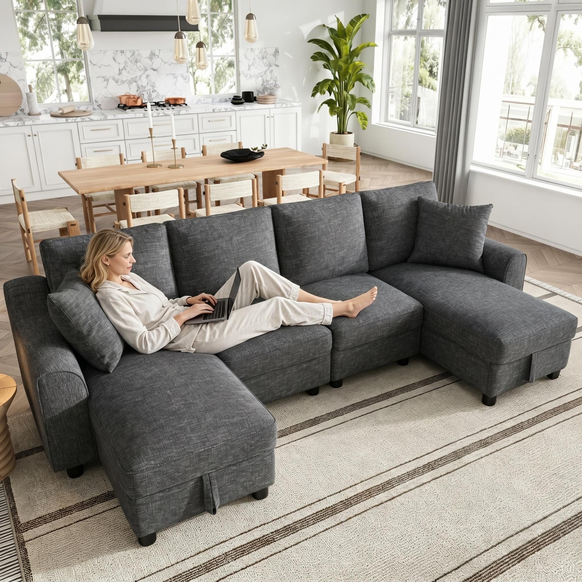 HAUSS SPOLE Ecksofa Zweisitzer mit Chaiselongues,U-Form Loungesofa mit Stauraum,Grau, Schlafsofa U-förmiges Relaxsofa aus Chenille mit Stauraumfach, 280×137×84cm modulares Sofa mit Chaiselongues als Ecksofa