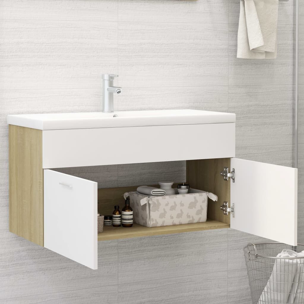 vidaXL Badezimmer-Set Waschbeckenunterschrank Weiß Sonoma-Eiche 90x38,5x46 günstig online kaufen