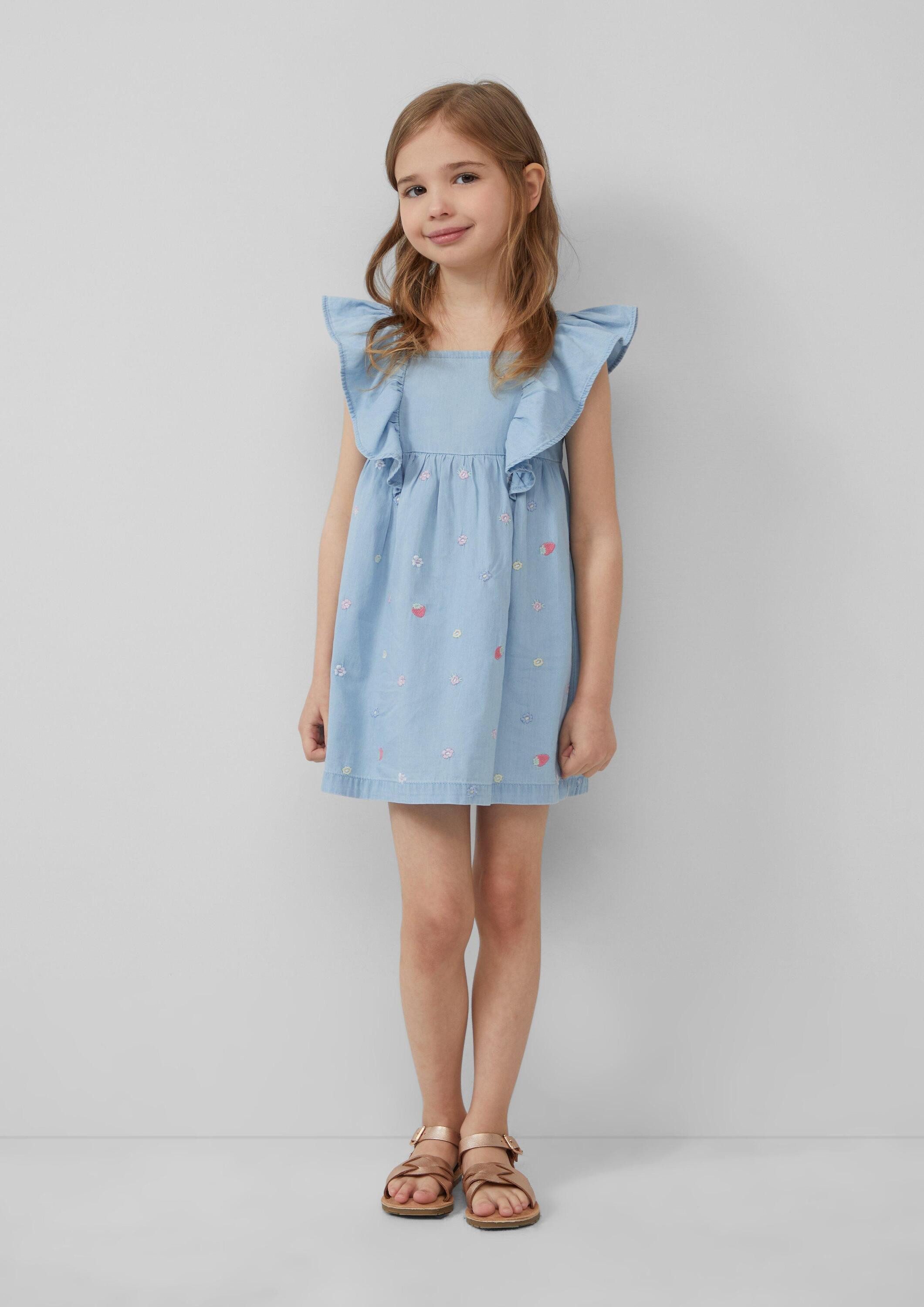 s.Oliver Minikleid Kleid Kurzes Denim-Kleid mit Smok-Detail und All-over-Stickerei