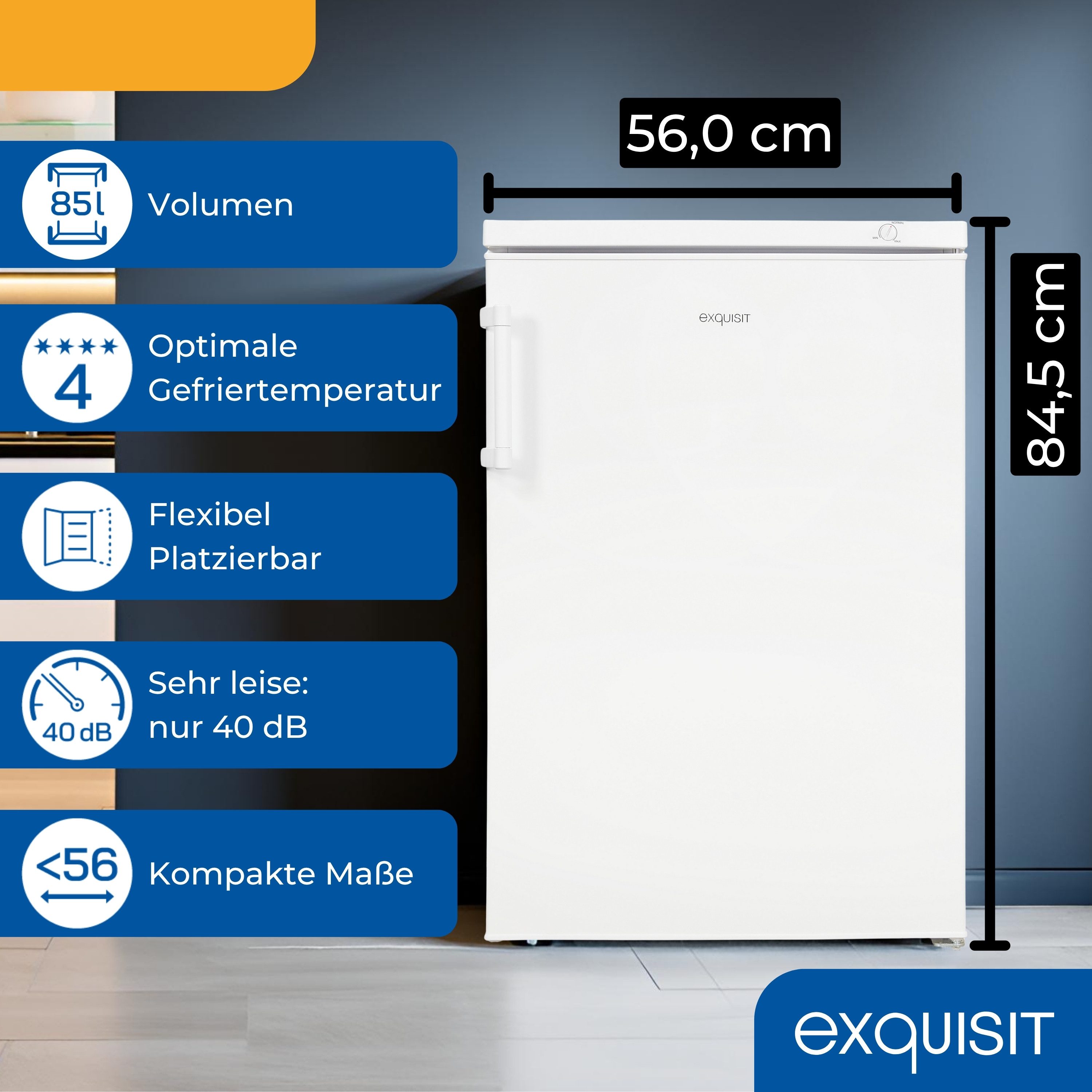 exquisit Gefrierschrank GS581-H-010E, 56 cm hoch, 84,5 cm breit,4-Sterne-Gefrieren, Höhenverstellbare Füße, Türanschlag wechselbar
