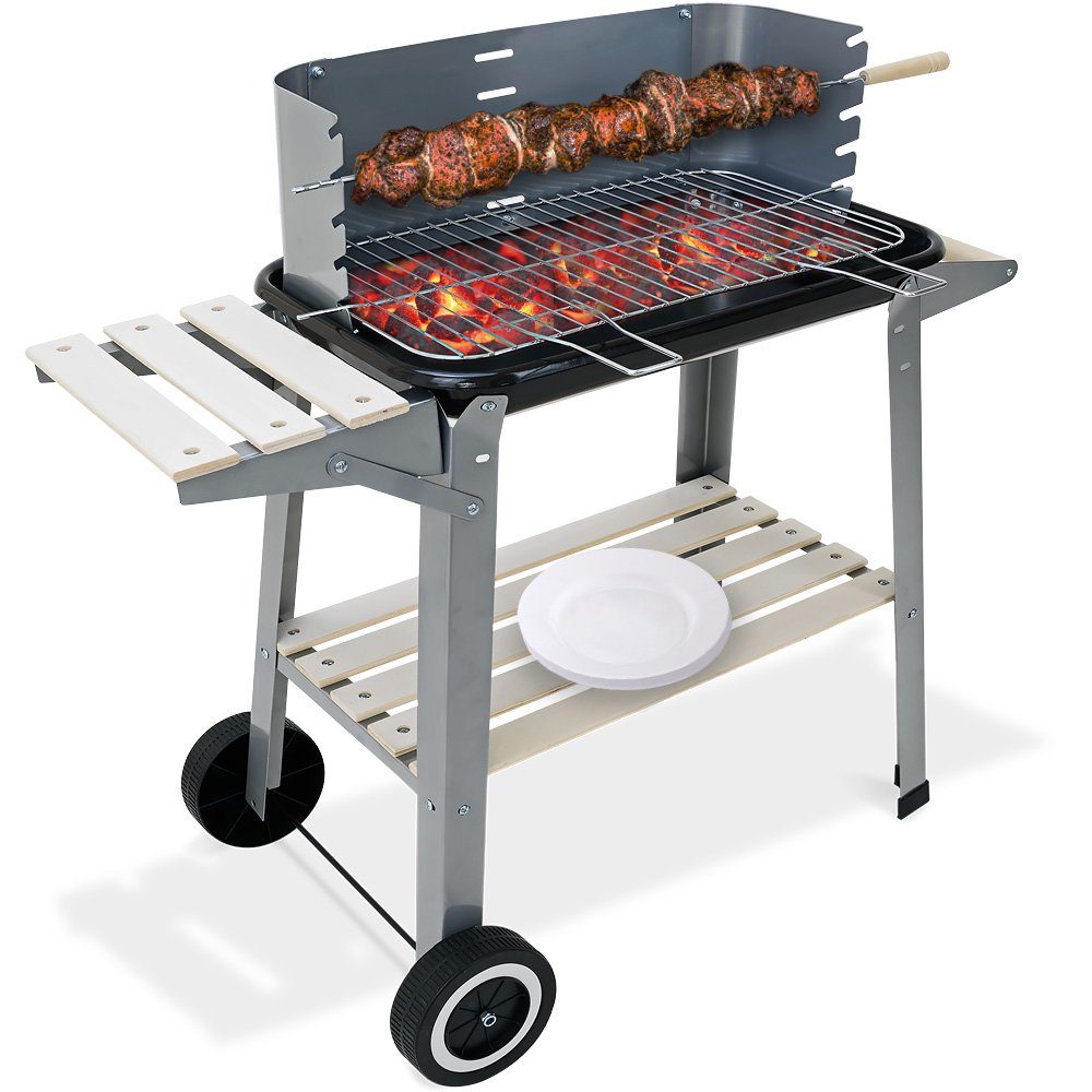 Deuba Holzkohlegrill, Grillwagen BBQ Ablagen Fahrbar Windschutz Campinggrill Grillspieß