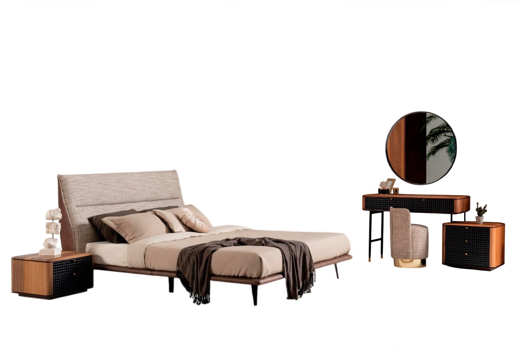 Xlmoebel Schlafzimmer-Set Bett mit Schminktisch, Spiegel und Hocker in elegantem Design, (Bett + 2x Nachttisch + Schminktisch + Spiegel + Hocker), Hergestellt in Europa