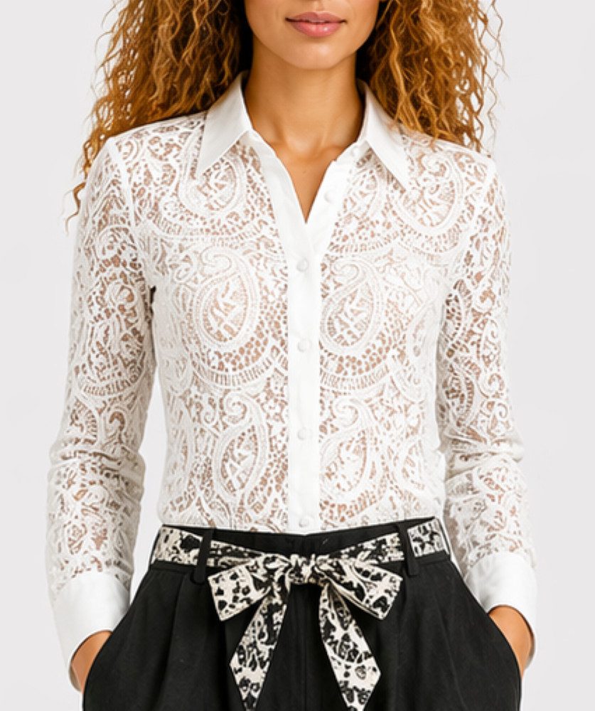 Mississhop Hemdbluse Hemdbluse Damen Bluse Spitze Baumwolle – Stickerei, Größe S (36)