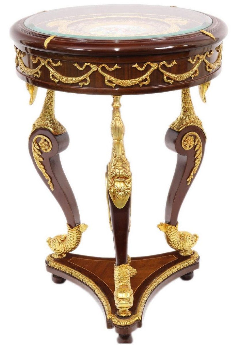 Casa Padrino Beistelltisch Ø cm / mit mit Beistelltisch Tisch und 78 Braun Gold handgefertigter Glasplatte H. runder 55 Mahagoni Prunkvoller Barock handbemalter - x Verzierungen wunderschönen