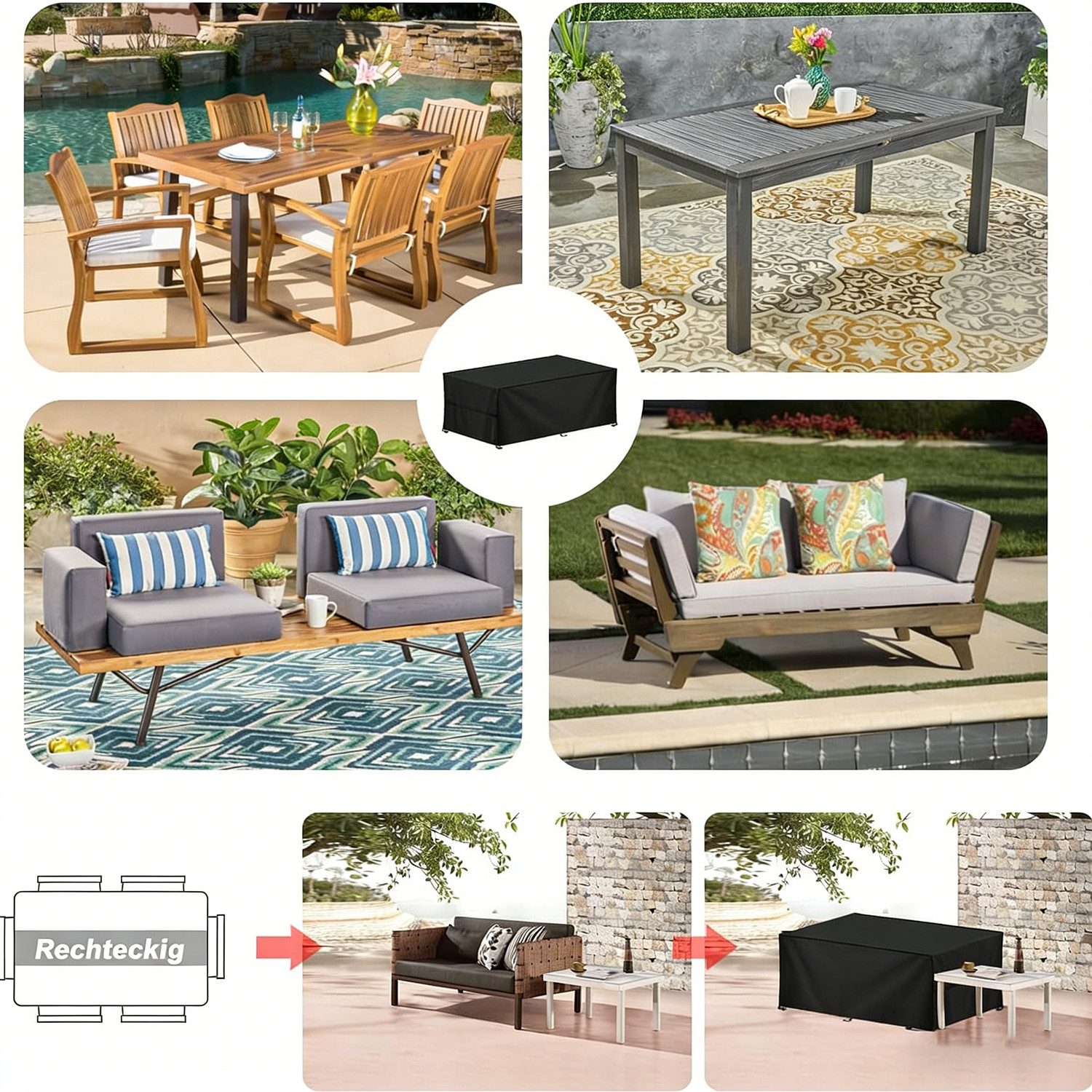 ibettertec Gartenmöbel-Schutzhülle Gartenmöbel Abdeckung Wasserdicht Outdoor, 420D Oxford Abdeckhaube (Tischabdeckung Winterfest Abdeckplane Gartenmöbel), für Gartentische Terrassenmöbel, Regenschutz und Staubfest, Rechteckig