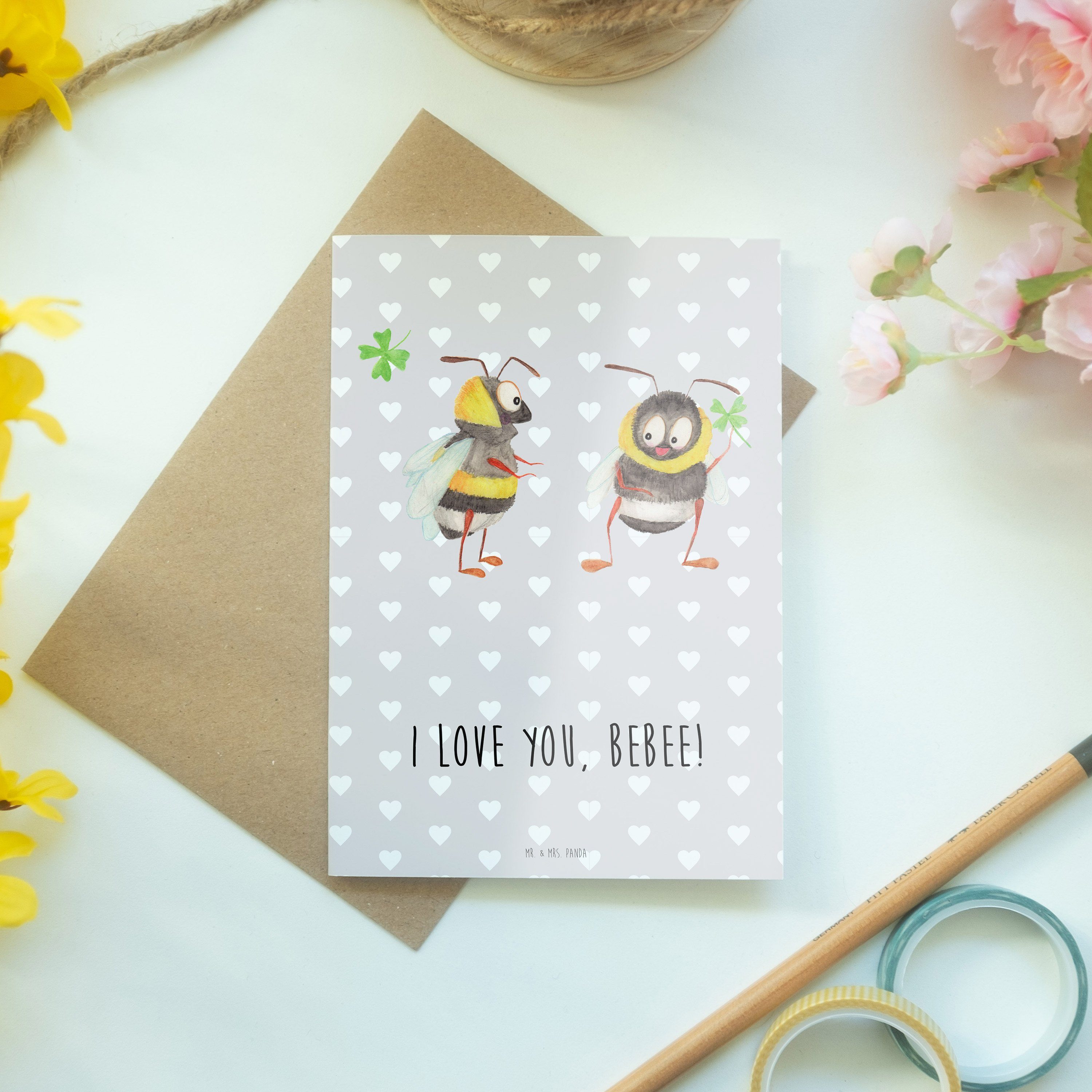 Geschenk Freundin, Grau Mrs. - & Bienen Geburts - Paar Pastell Geschenk, für Panda Grußkarte Mr.