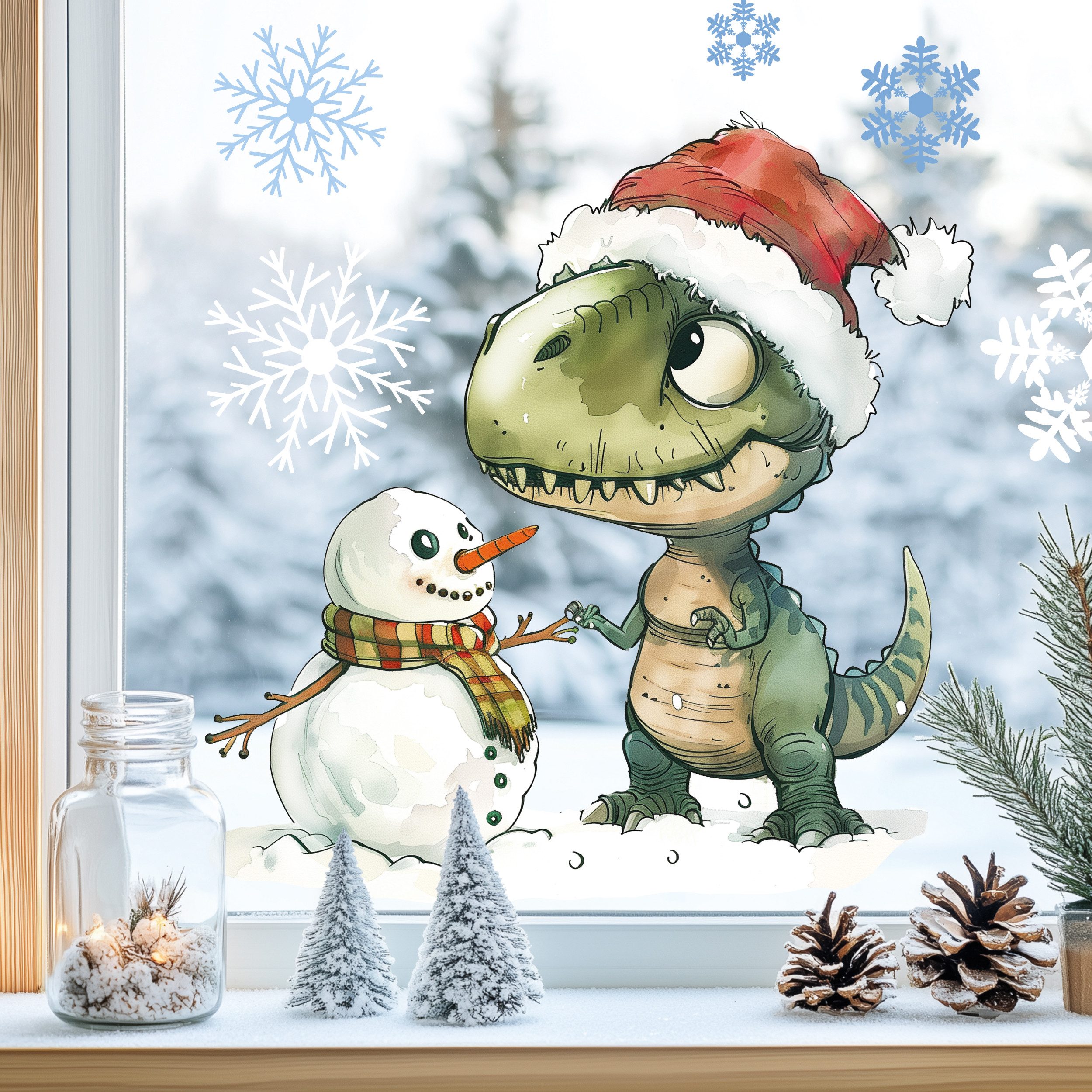 Sunnywall Fensterdekoration Kinderzimmer Fensterbild Winter T-Rex Dinosaurier mit Schneemann, wiederverwendbar, statisch haftend, beidseitiger Druck