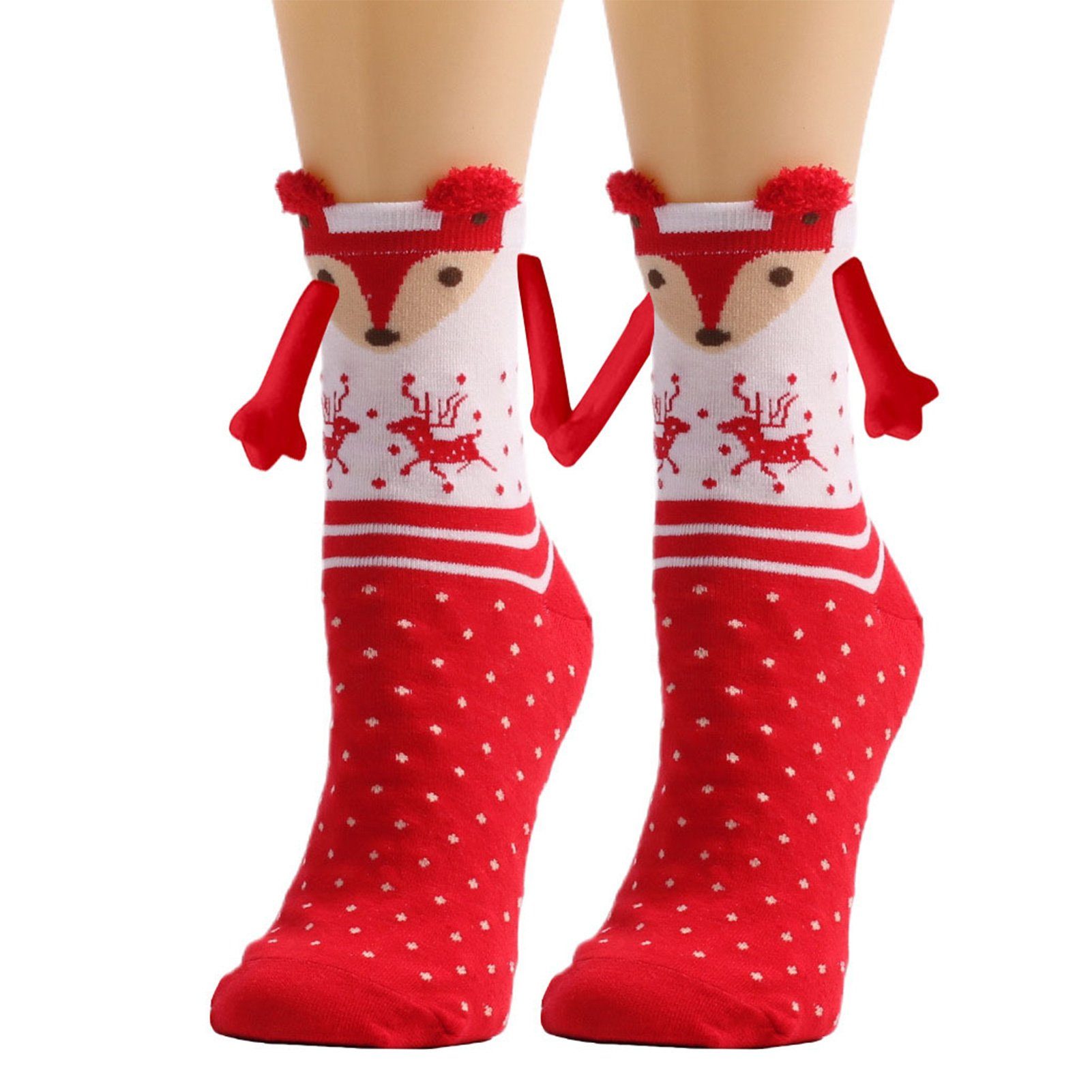 Rutaqian Feinsöckchen 2 Paar Weihnachtssocken Magnetische Haltesocken für Paare (Lustige mittelhohe Socken mit gestreiftem Schneeflocken-Print, Niedliche Hand, die Socken Hält)