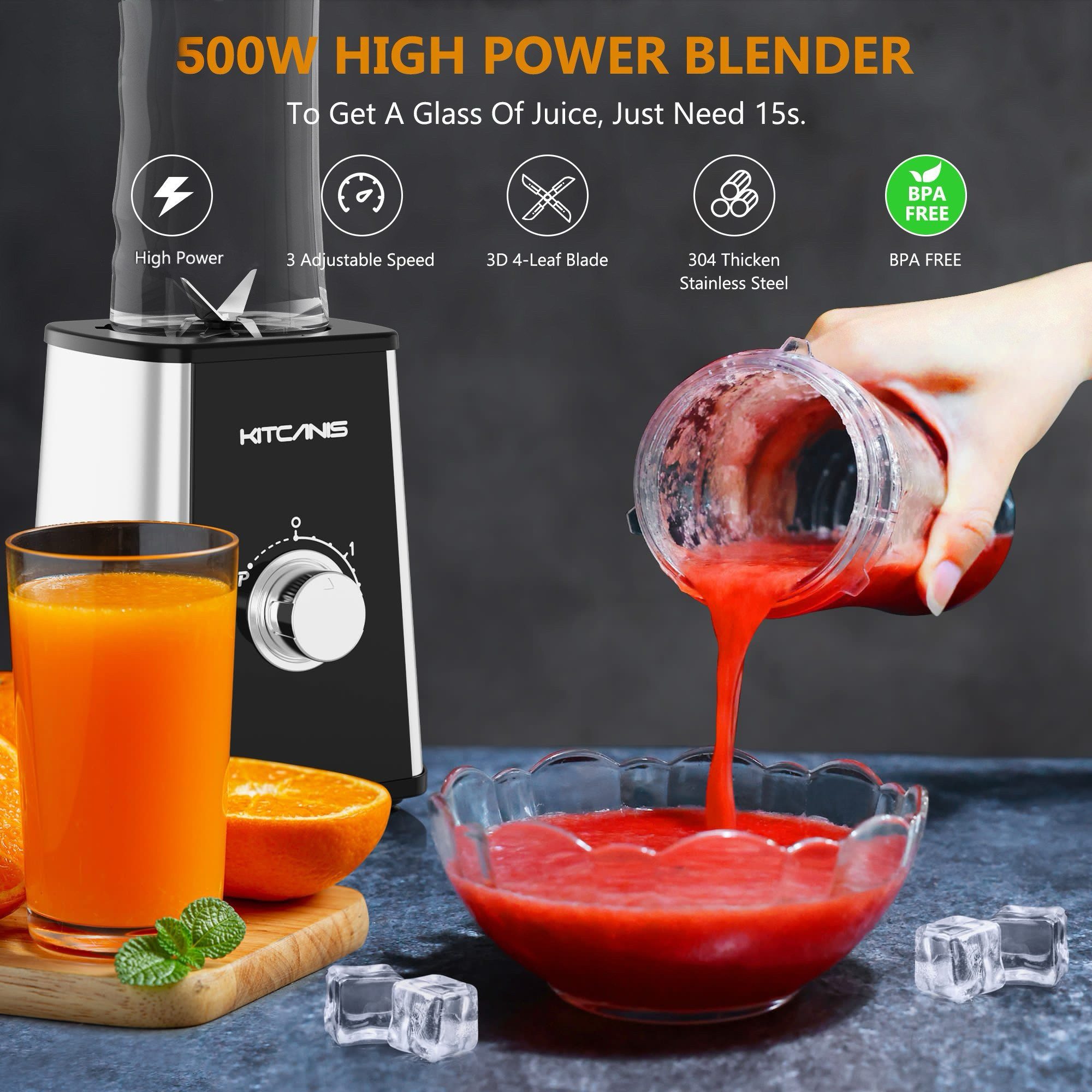 Kitcanis Standmixer 3-in-1 Mixer Smoothie Maker Schleifen & Milchshake 35.000 U/min, 500 W, 2 Arbeitsscheiben mit Messern, freie tragbare Wasserflasche