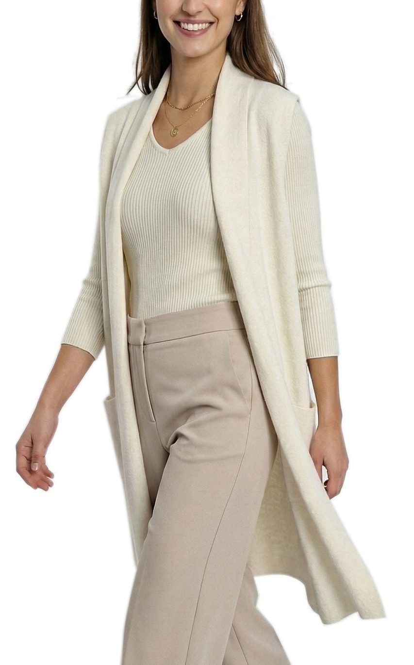 dy_mode Longweste Damen Strickweste lang Elegante Weste für die Übergangszeit in Unifarbe, ohne Verschluss, mit Vordertaschen