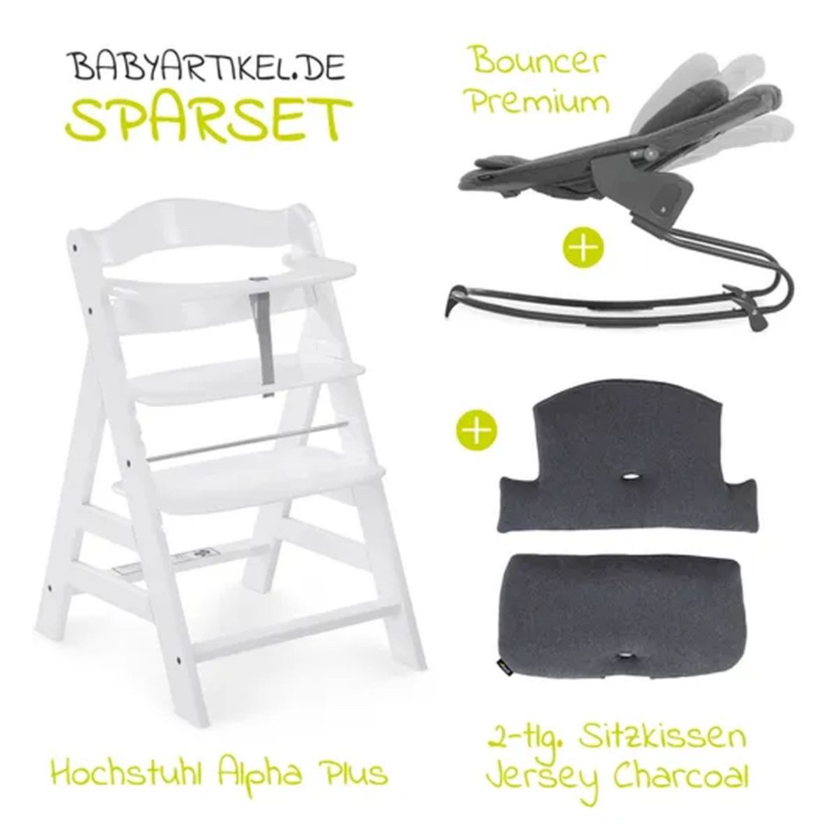 Hauck Hochstuhl Alpha Plus White Newborn Set, Holz Babystuhl ab Geburt inkl. Aufsatz für Neugeborene & Sitzauflage