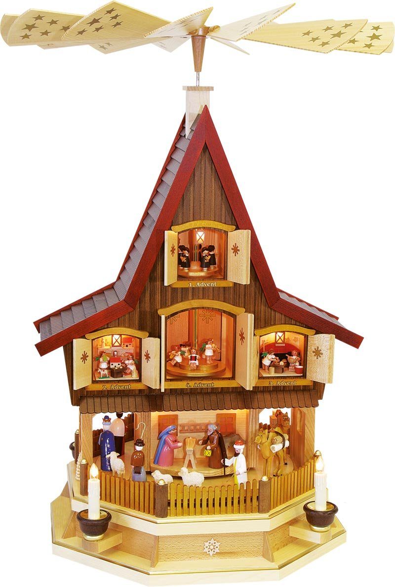 Weihnachtspyramide Adventshaus Heilige Familie elektrisch, original Seiffen, Höhe 77 cm