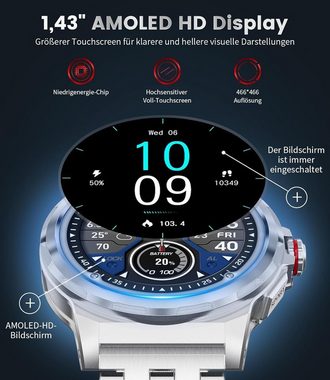 ESFOE Smartwatch (1,43 Zoll, Android iOS), Herren 360mAh Anrufe und 129+ Modi Sport IP68 wasserdicht Militär Uhr