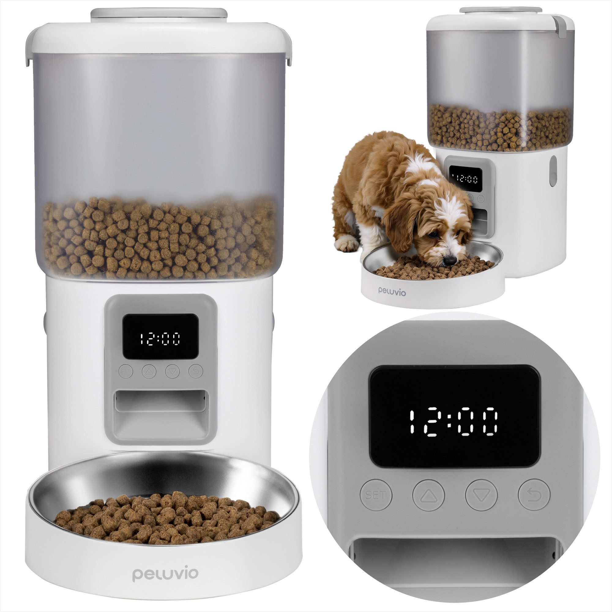 Peluvio Hunde-Futterautomat CRISPY DOG, 4,5L Vorrat / LCD-Display / Bedienfeld / Batterienotbetrieb