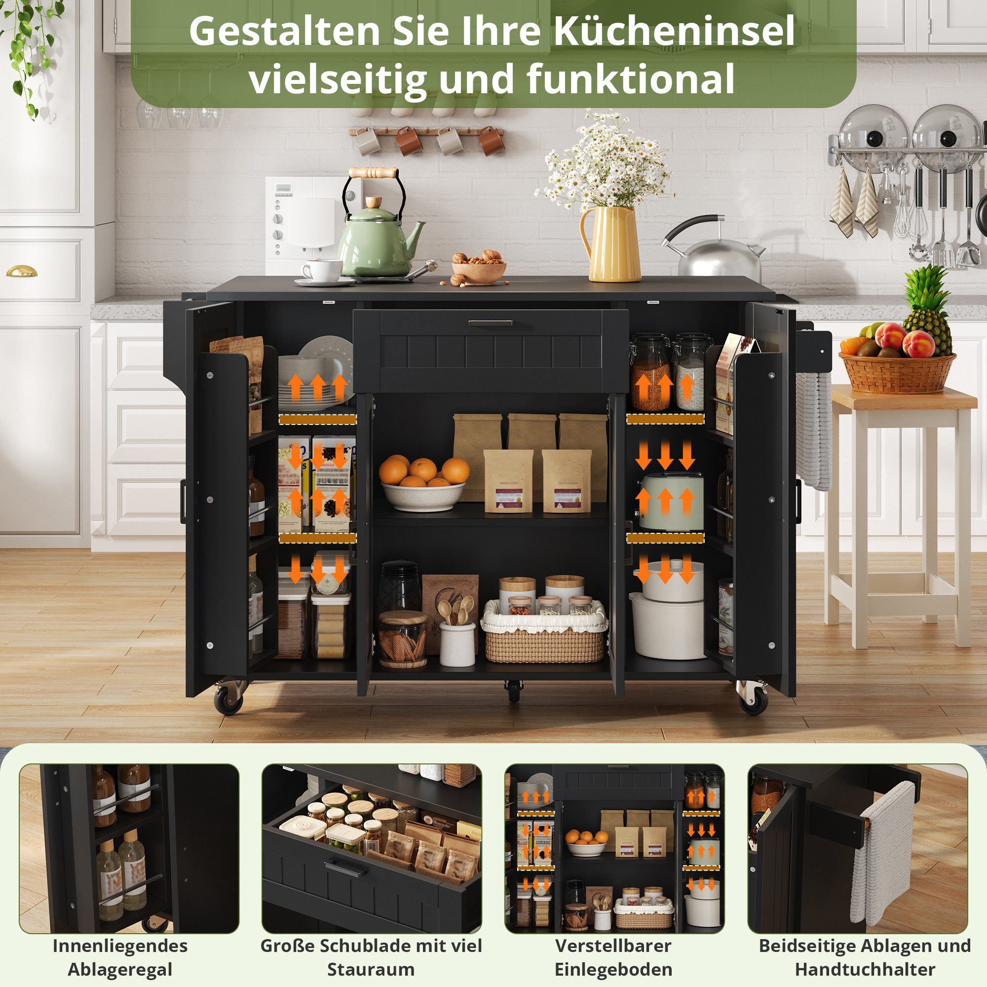 i@home Kücheninsel mit klappbarer Arbeitsplatte, (4 Türen + 1 Schublade, Mit Gewürzregal & Handtuchhalter), Küchenwagen auf Rollen, Ideal für kleine Küche, Wohn – Bild 3 von 5