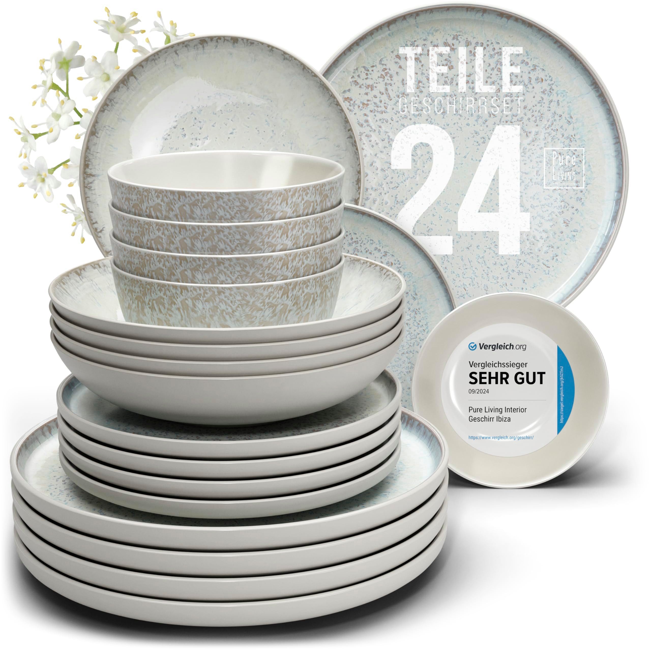 PURE LIVING INTERIOR DESIGN Geschirr-Set 6 Pers. - Steingut Geschirr Set - Schüssel- und Teller Set (24-tlg), 6 Personen, Steingut, Hochwertiges Mediterranes Kombiservice 6 Personen Geschirrsets