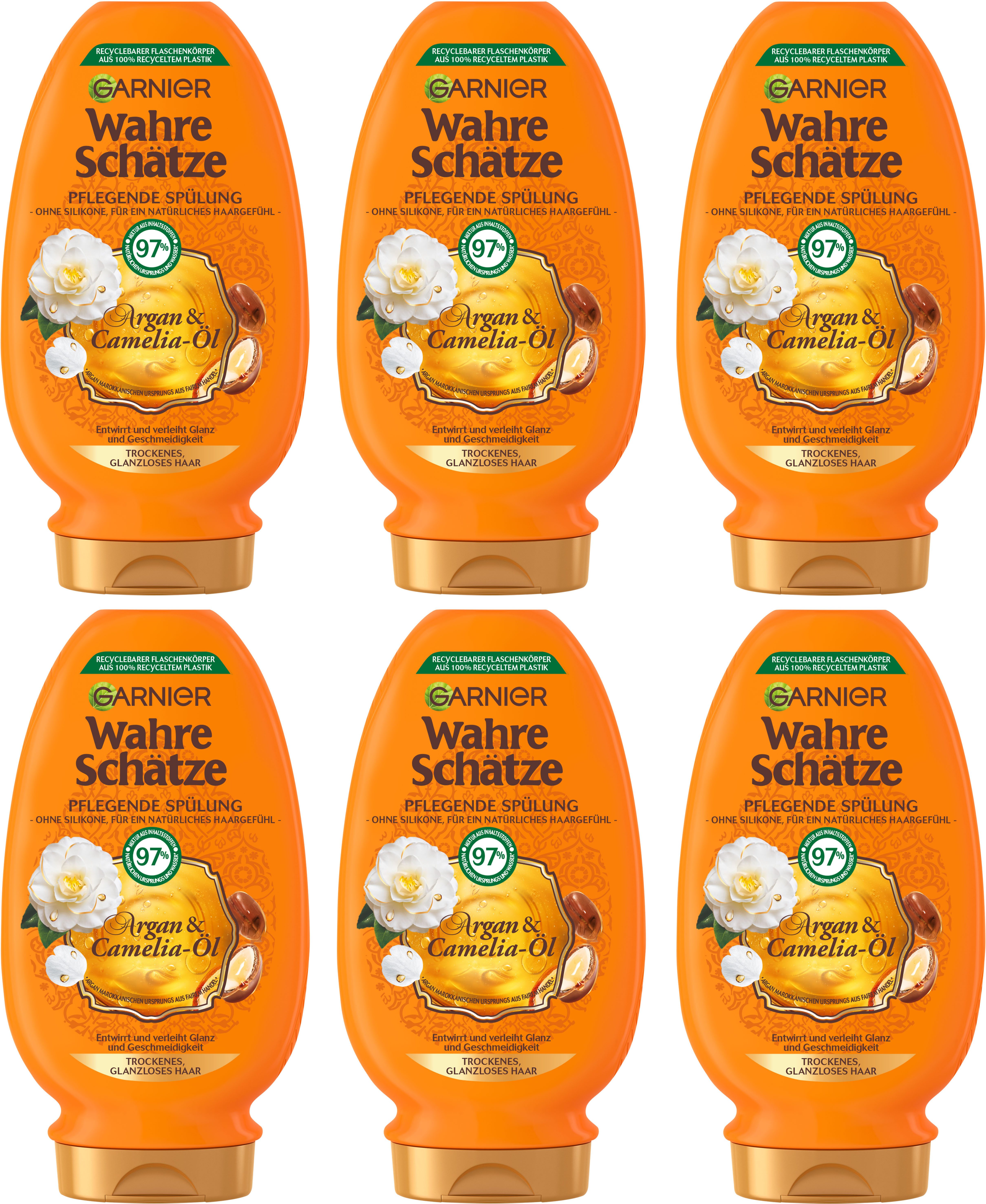 GARNIER Haarspülung WAHRE SCHÄTZE ARGAN & CAMELIA-ÖL, Packung, 6-tlg., für trockenes und glanzloses Haar, ohne Silikone von Garnier