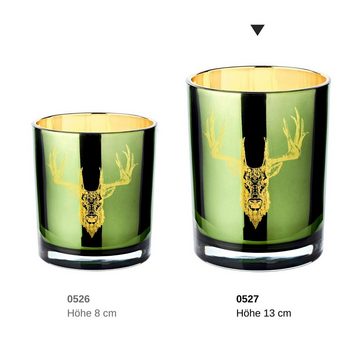 EDZARD Windlicht Ted, Kerzenglas mit Hirsch-Motiv, Teelichthalter für Maxiteelichter, Höhe 13 cm, Ø 10 cm