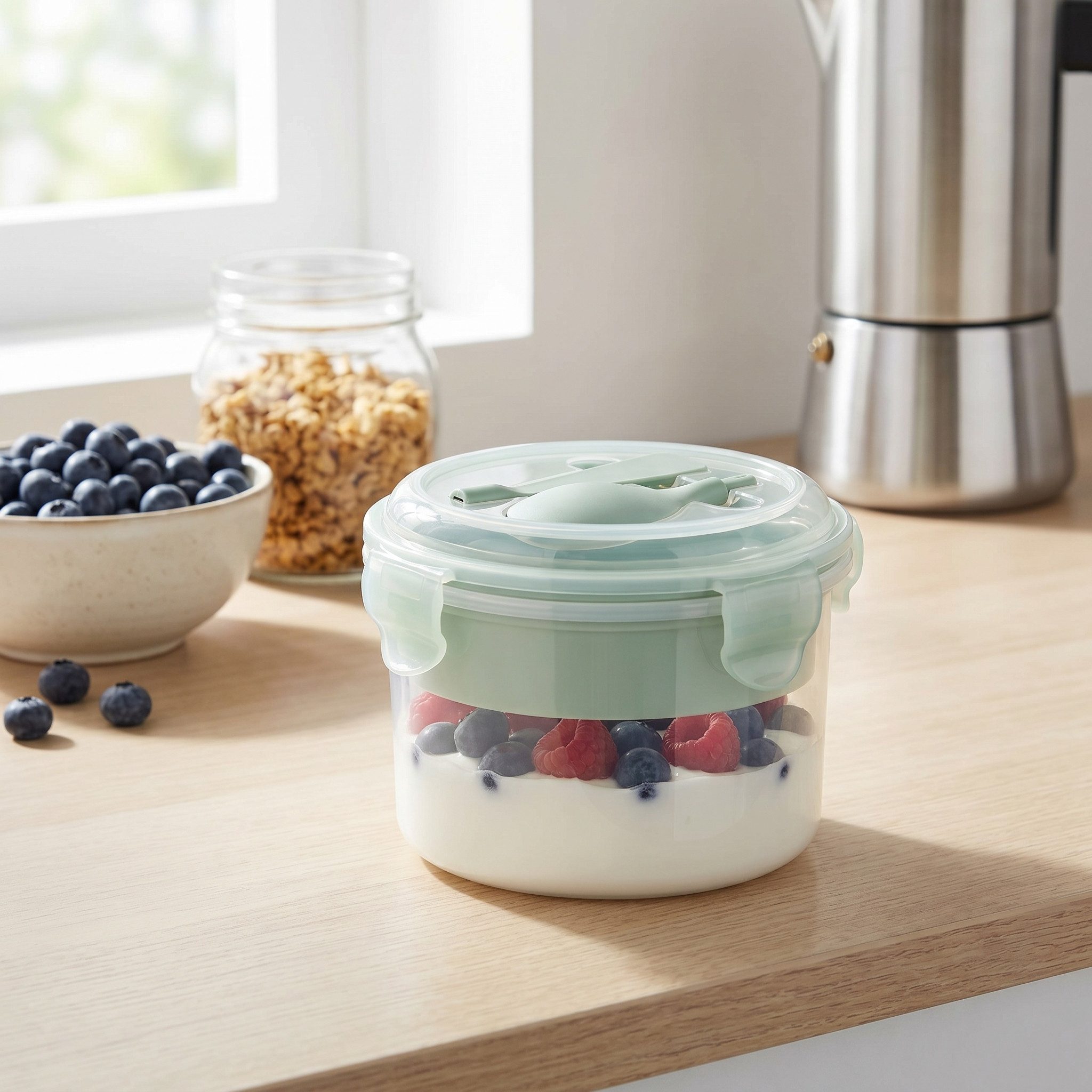 Arendo Lunchbox Snackbecher mit Besteck (Löffel), Müslibecher für unterwegs, 500ml, Kunststoff, (Set, 4-tlg., inkl. Trenneinsatz und Löffel), Auslaufsicher, mikrowellen & spülmaschinengeeignet, BPA-frei, To-Go