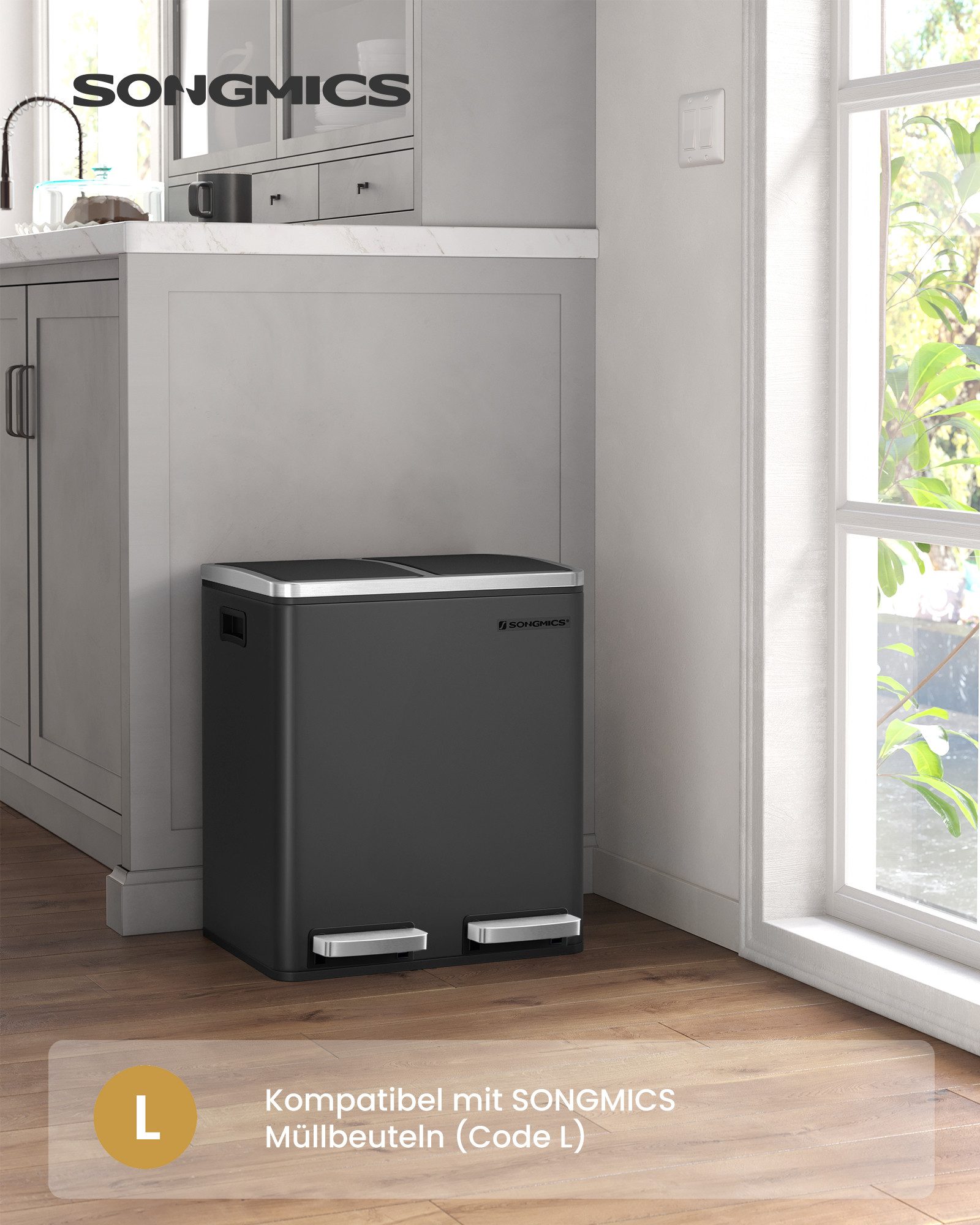 SONGMICS Mülleimer 2 Fächer, Mülltrennsystem, Treteimer, Abfalleimer Küche, 15 Müllsäcke, 2 x 15 L, Inneneimer aus Kunststoff, Klappdeckel, Softclose, luftdicht