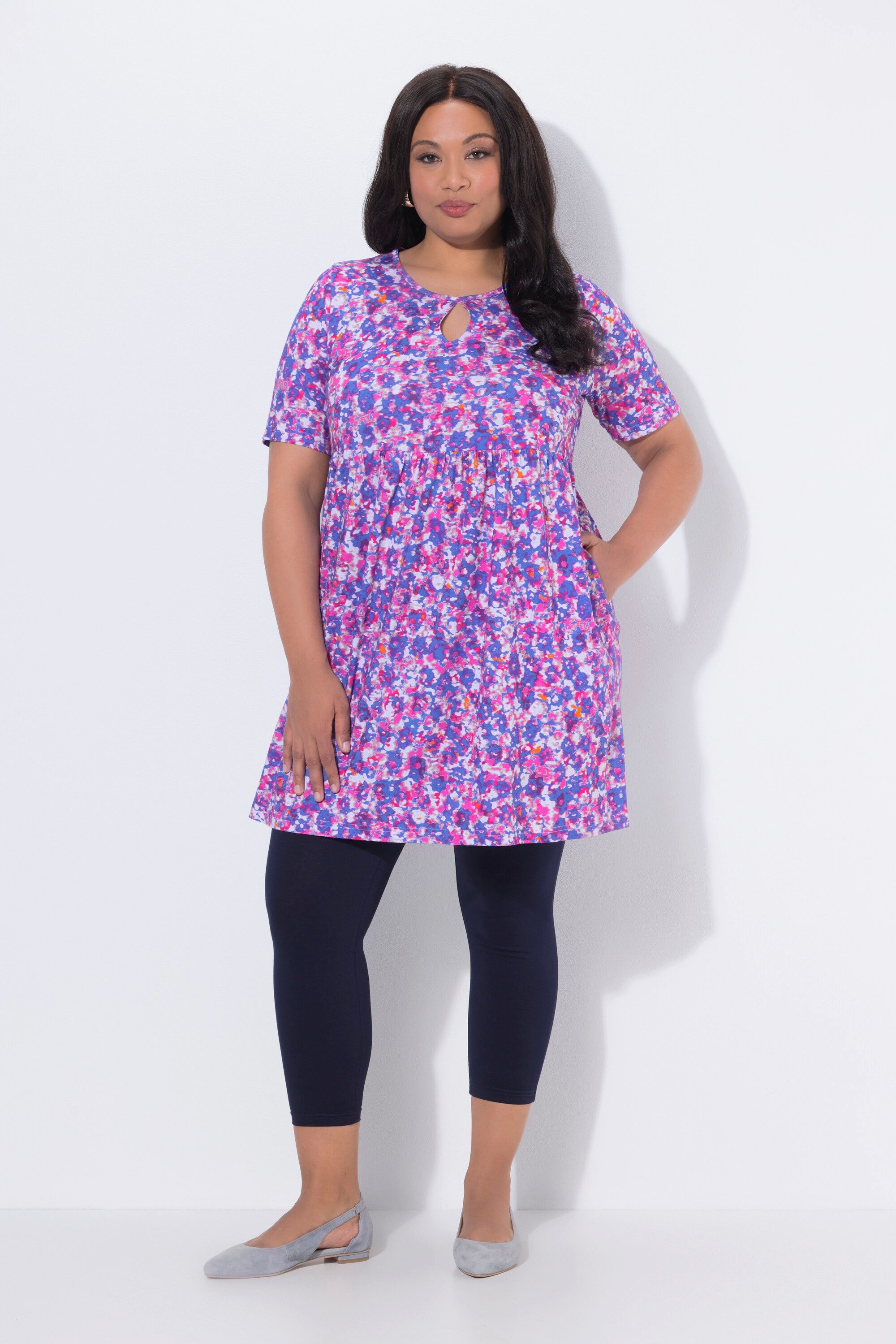 Ulla Popken Longshirt Longshirt gemustert A-Linie Rundhals Keyhole