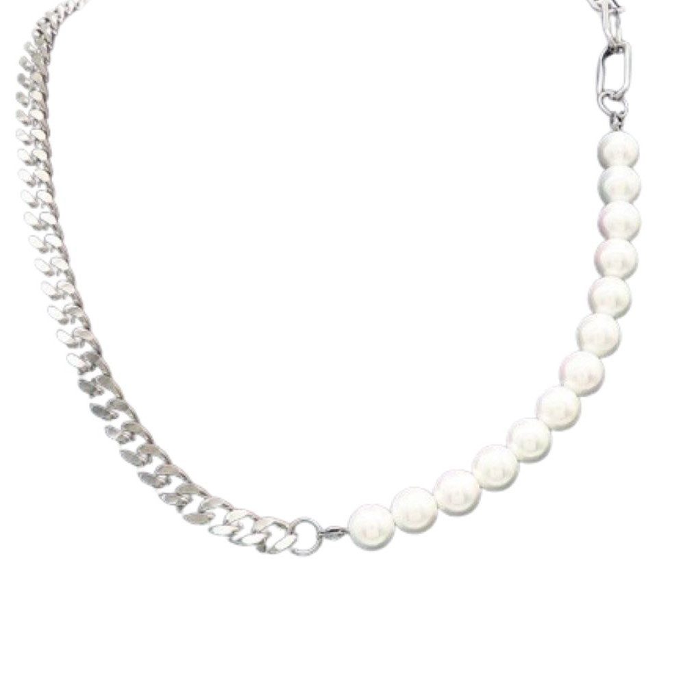 BUNGSA Ketten-Set Mixkette Perlen und Ketten-Glieder silber aus Edelstahl Unisex (1-tlg), Halskette Necklace