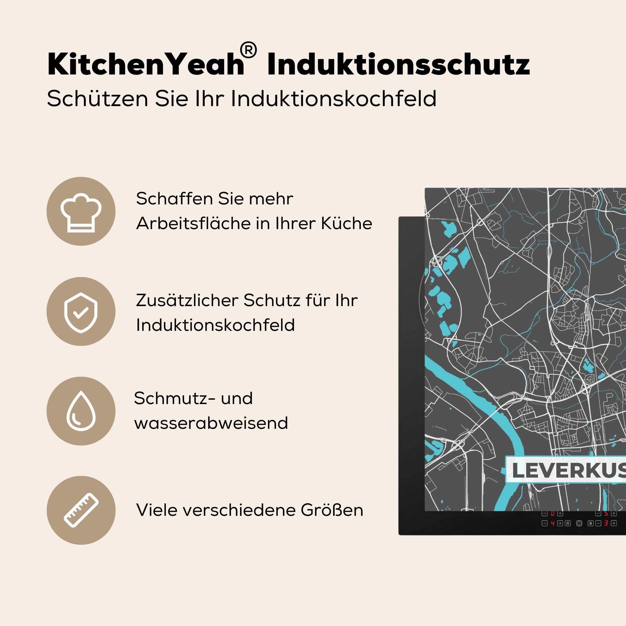 - (1 Stadtplan Blau cm, - küche tlg), MuchoWow 78x78 - Arbeitsplatte für - Vinyl, Deutschland Ceranfeldabdeckung, Herdblende-/Abdeckplatte Karte Leverkusen,