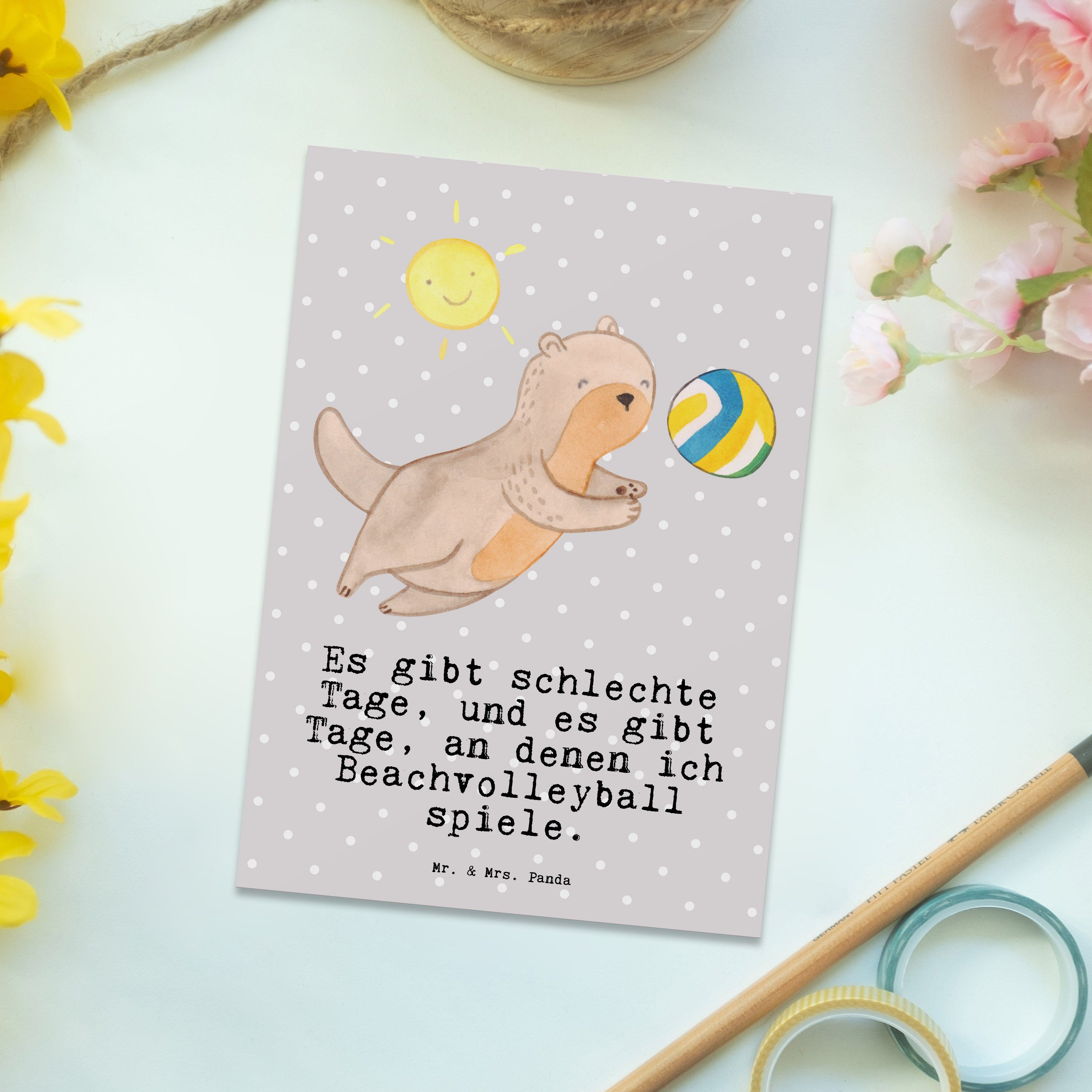 Mr. & Mrs. - Geschenkkarte Beachvolleyball Panda Postkarte Otter Tage Pastell Geschenk, - Grau