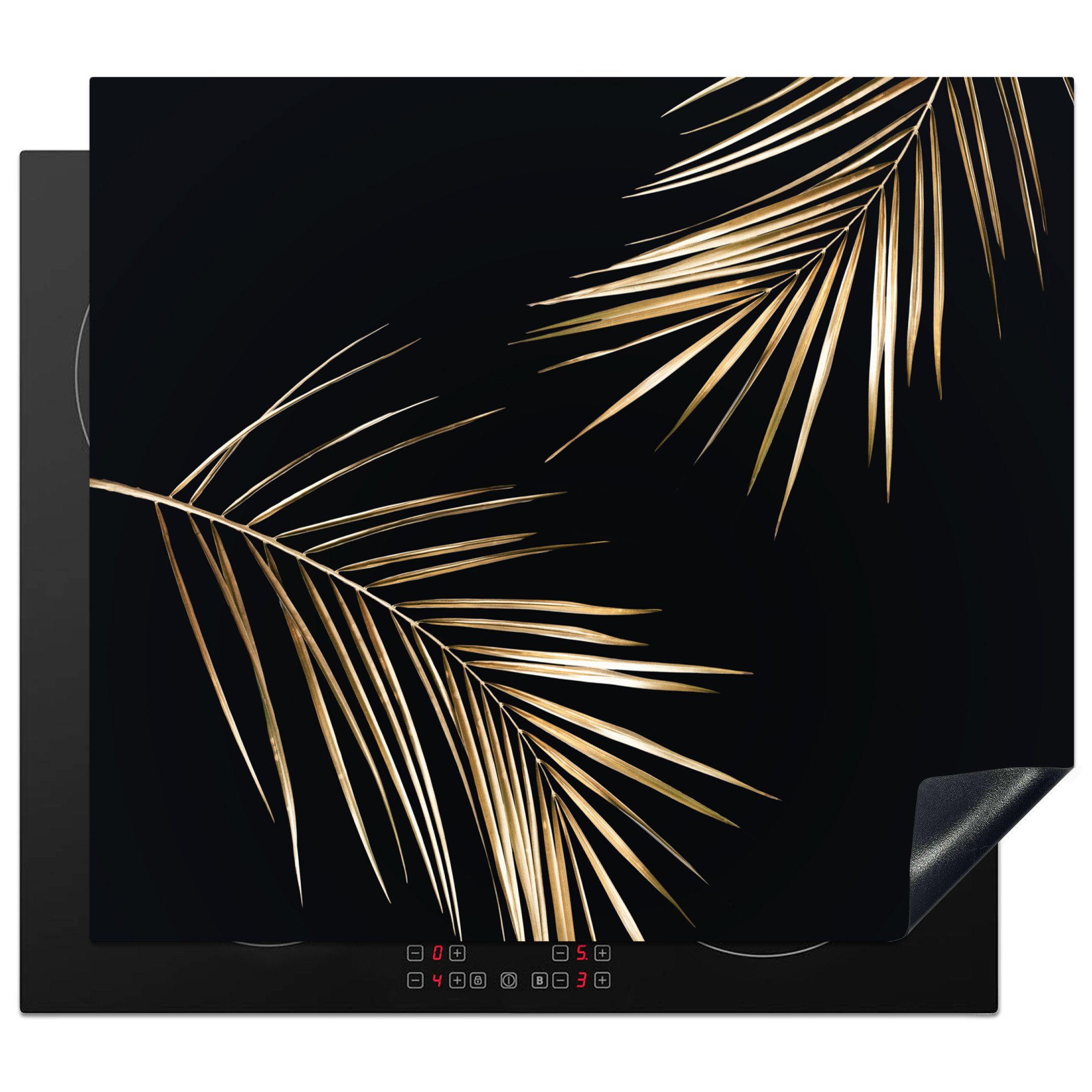 MuchoWow Herd-Abdeckplatte Blätter - Pflanzen - Gold - Schwarz - Luxus, Vinyl, (1 tlg), Ceranfeldabdeckung Küche, Herdabdeckplatte Einteilig, 60x52 cm