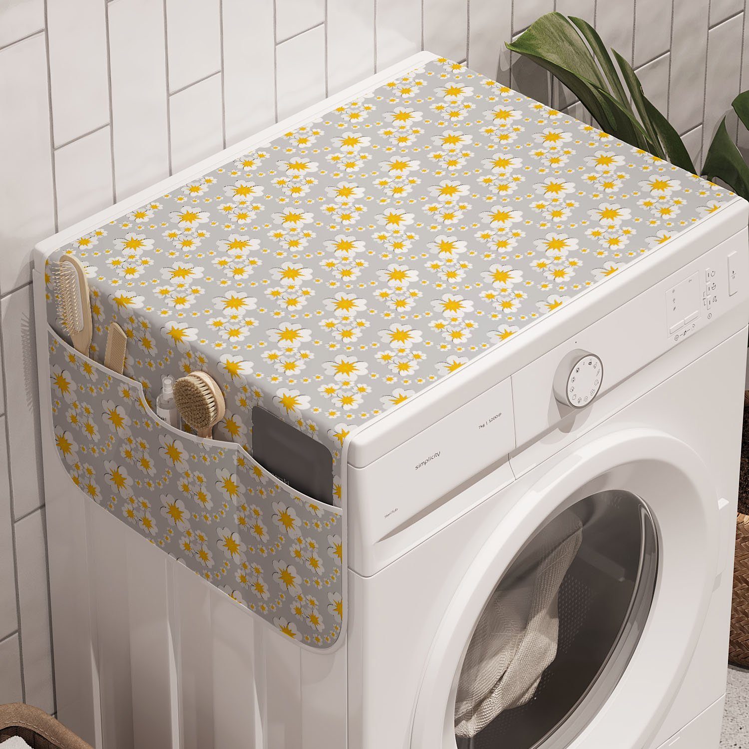 Abakuhaus Badorganizer Anti-Rutsch-Stoffabdeckung für Waschmaschine und Trockner, neutrale Farbe Frühlings-Gänseblümchen-Muster