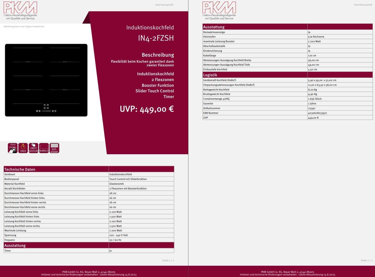 PKM Flex-Induktions-Kochfeld IN4-2FZSA